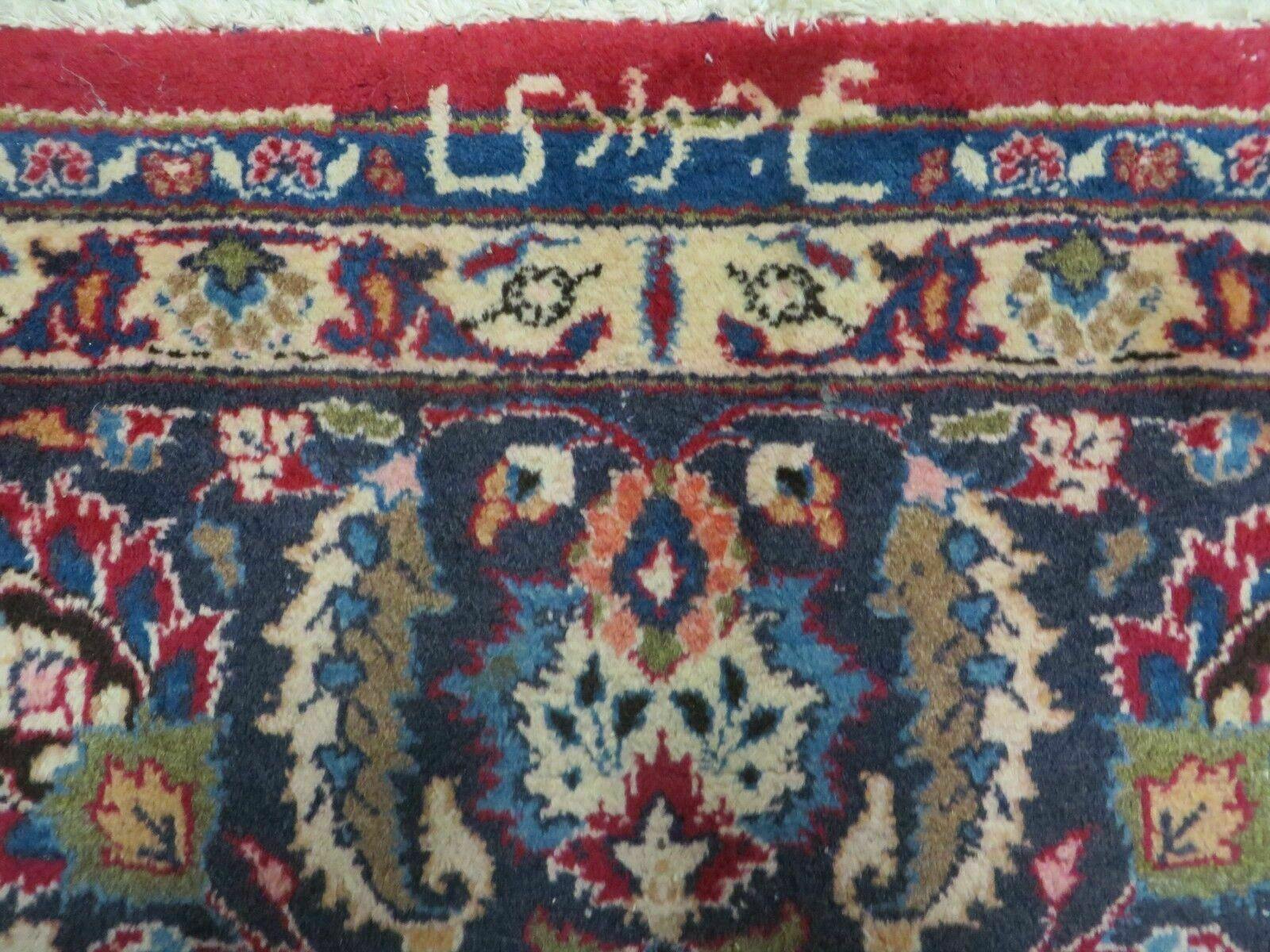 Signed Persian Mashad Rug 10x13 Oriental Carpet, Semi Antique Rug 10 x 13 Vintage Rug, Hand Knotted, Traditional, Red Blue Cream, Medallion Allover - Jewel Rugs