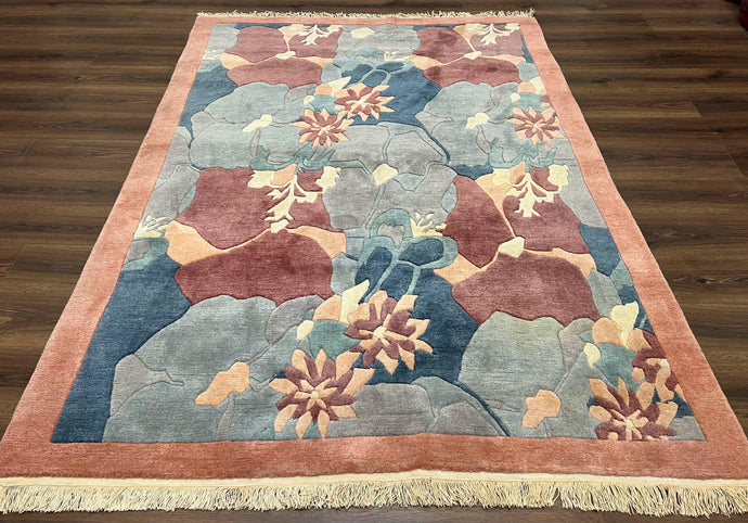 Modern Tibetan Rug 5.7 x 7.9, Abstract Multicolor Flower Pattern, Navy Blue Maroon Salmon, Soft Wool, Hand Knotted Contemporary Carpet 6x8 - Jewel Rugs