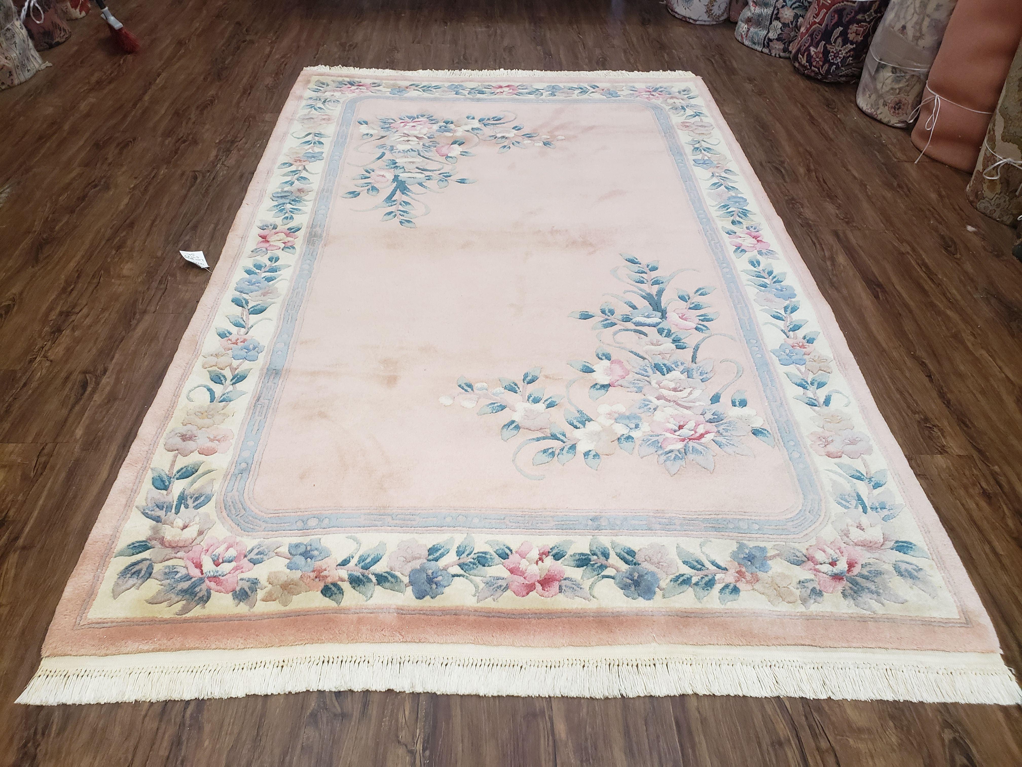 Vintage Light Pink Chinese Carving Area Rug, Floral Plush Carpet, Soft Pile, Hand-Knotted, Pink & Teal, Pastel Colors Home Decor, 5.4 x 8.2 - Jewel Rugs
