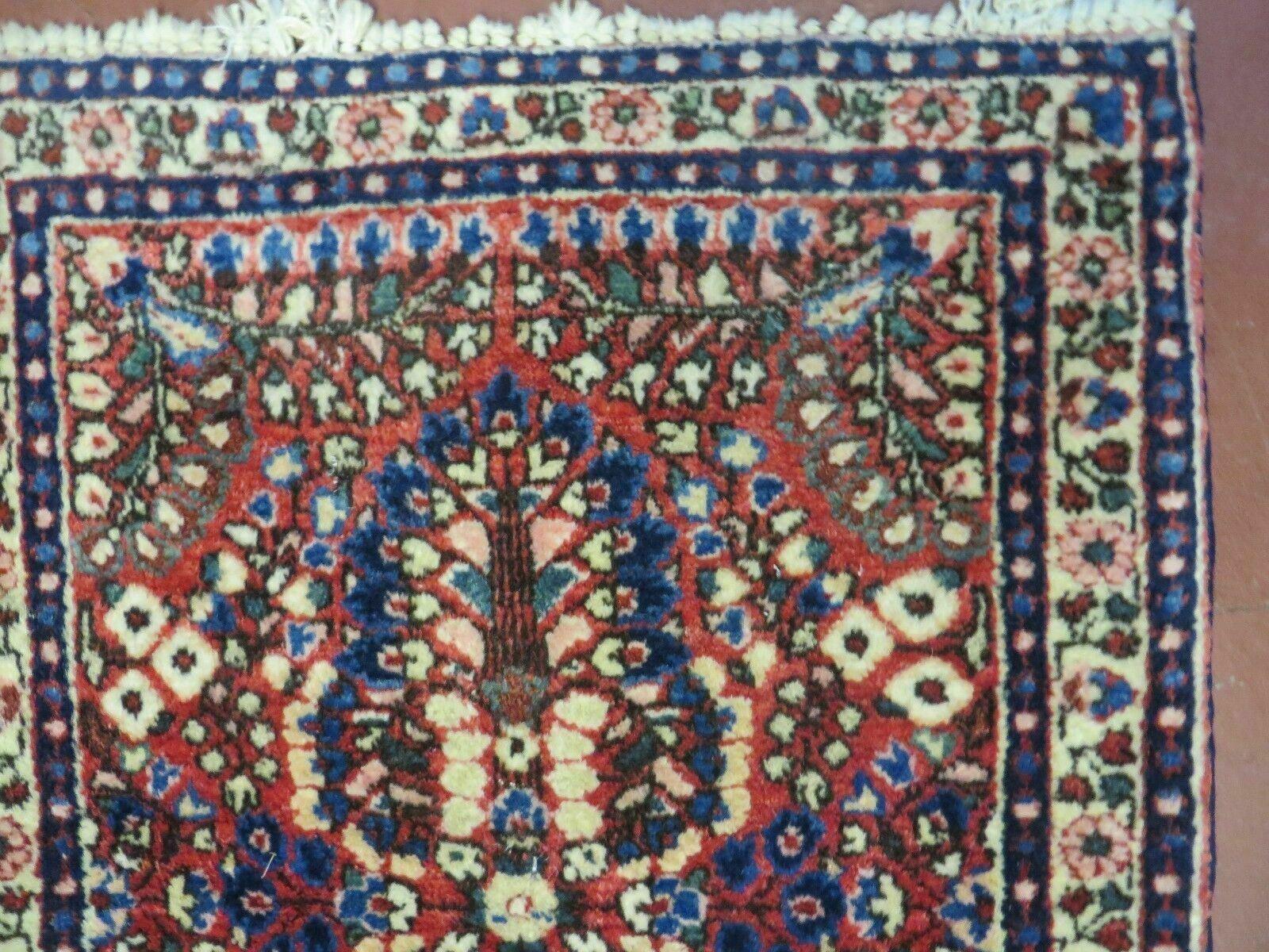 Small Persian Rug 2 x 2.6 Tiny Persian Sarouk Carpet, Red Blue Cream, Floral Design, Antique Wool Rug, Handmade Hand-Knotted, Oriental Rug Mat 2x3 - Jewel Rugs