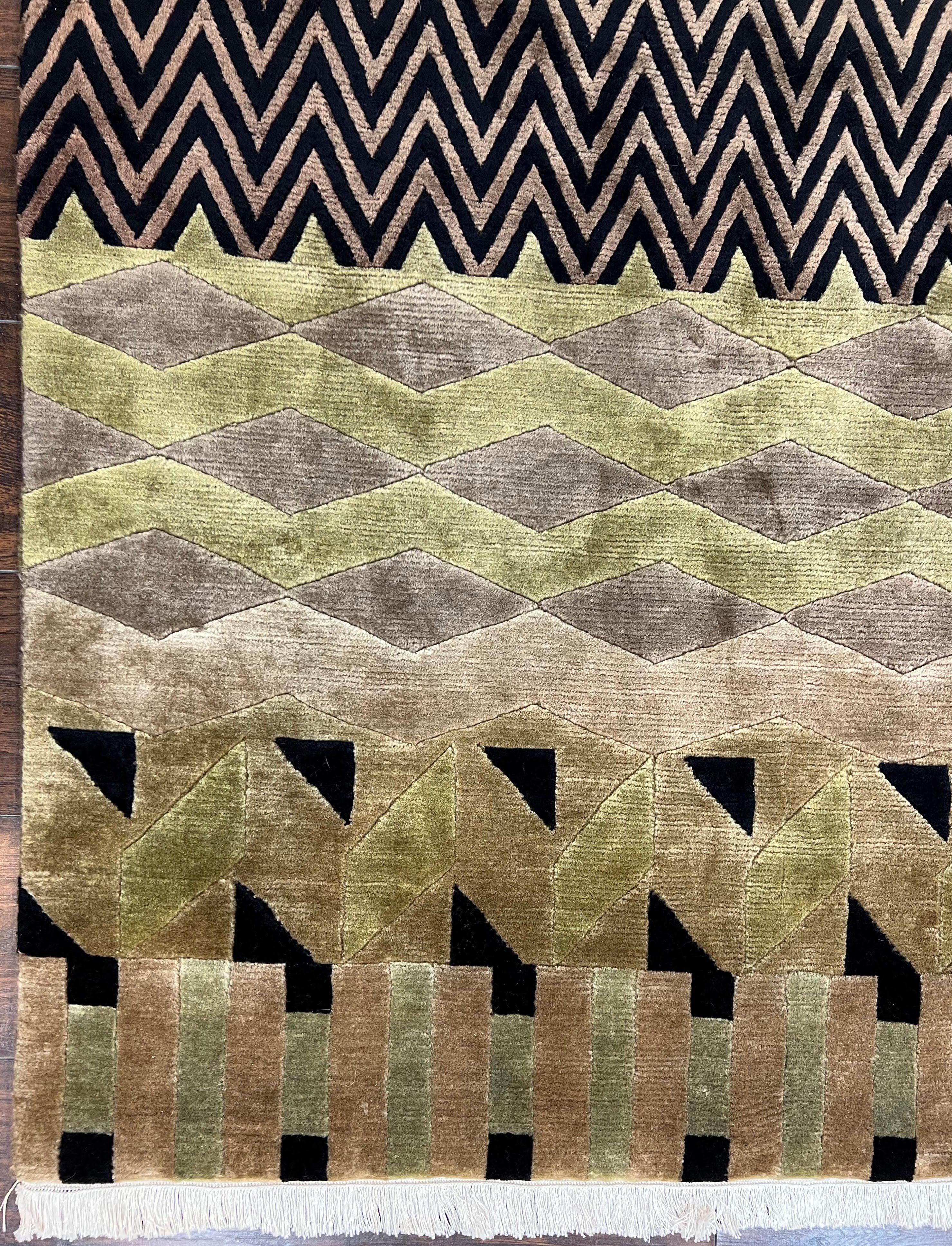 Abstract Tibetan Rug 8x10, Wool Contemporary Area Rug 8 x 10 ft, Bauhaus Modern Rug, Golden Tan Gray Black, Room Sized Nepali Decorative Rug - Jewel Rugs