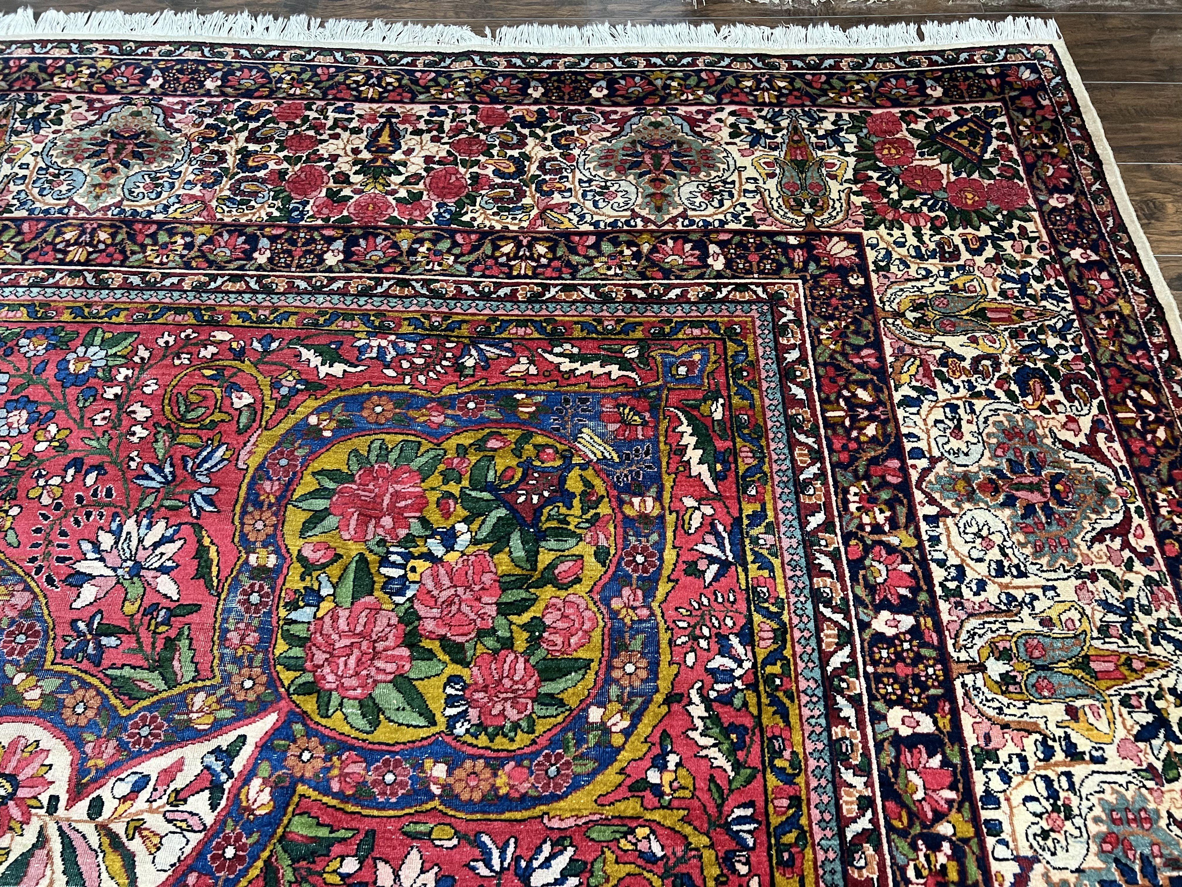 Spectacular Antique Persian Rug 12x19, Oversized Carpet 12 x 19, Palace Sized Hand Knotted Wool Rug, Floral Medallion, Kirman Lavar, Ivory Red - Jewel Rugs