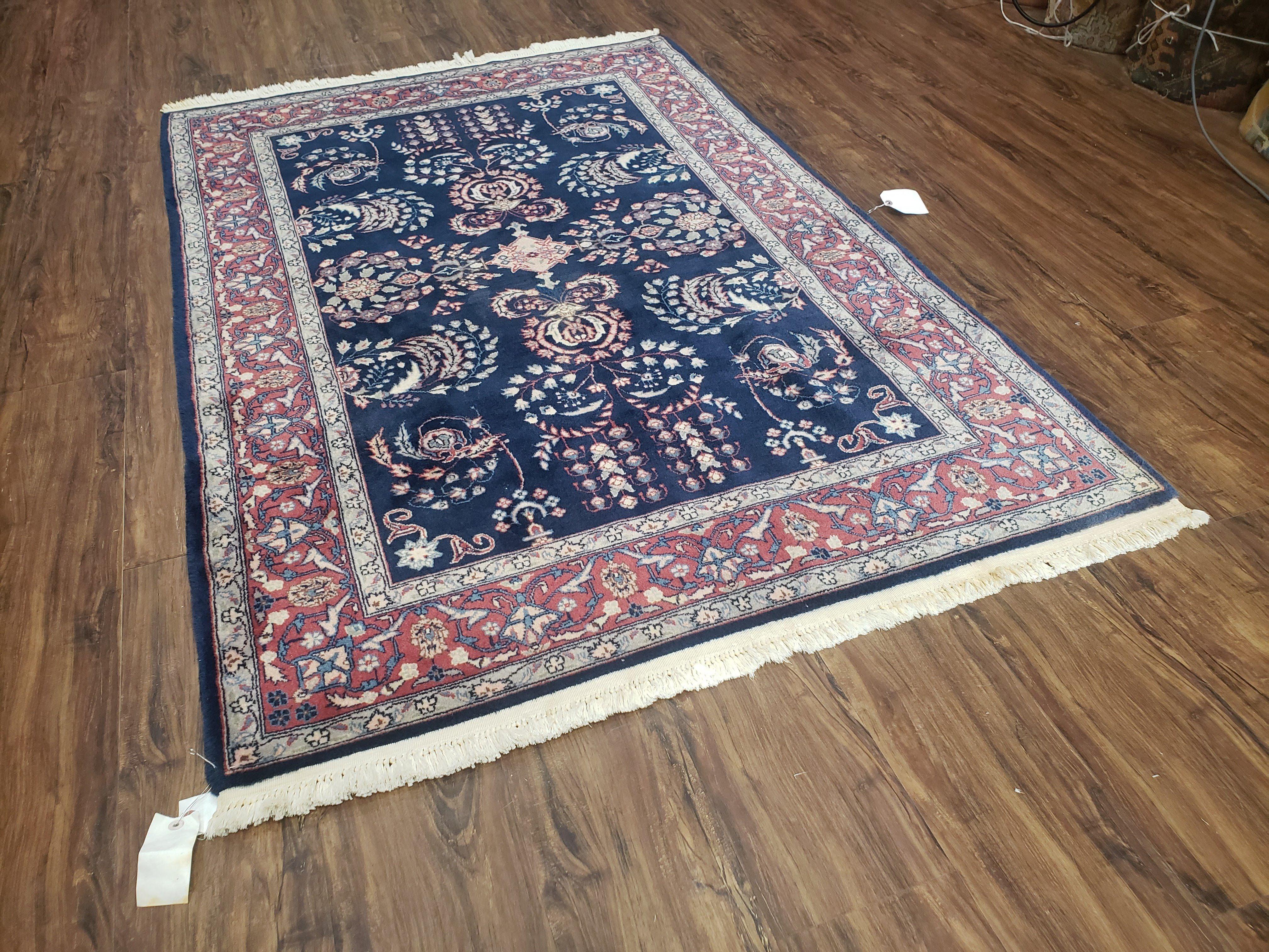 Dark Blue Indo Persian Rug 4x6, Medium Size Hand Knotted Oriental Carpet, Traditional Floral Indian Rug, Blue and Red Entryway Rug, Wool Rug - Jewel Rugs