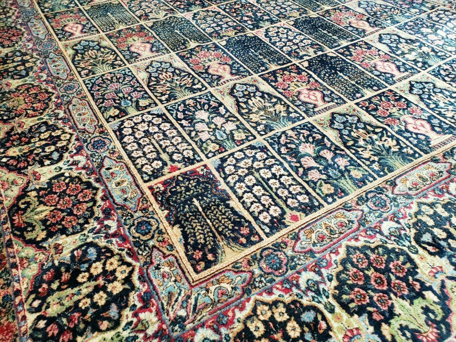 Persian Rug 10x15, Authentic Oriental Carpet 10 x 15, Wool Area Rug Panel Design Hand-Knotted Vintage Kirman Yazd Rug, Dark Blue and Beige, Floral - Jewel Rugs