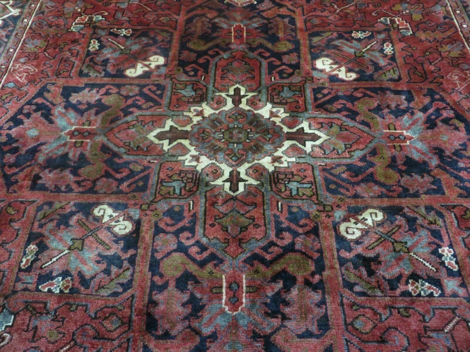 Persian Rug 8x11 Room Sized Heriz Carpet, Hand Knotted Wool Rug, Vintage Semi Antique, Geometric Medallion, Wine Red Cream Dark Blue, Wow - Jewel Rugs