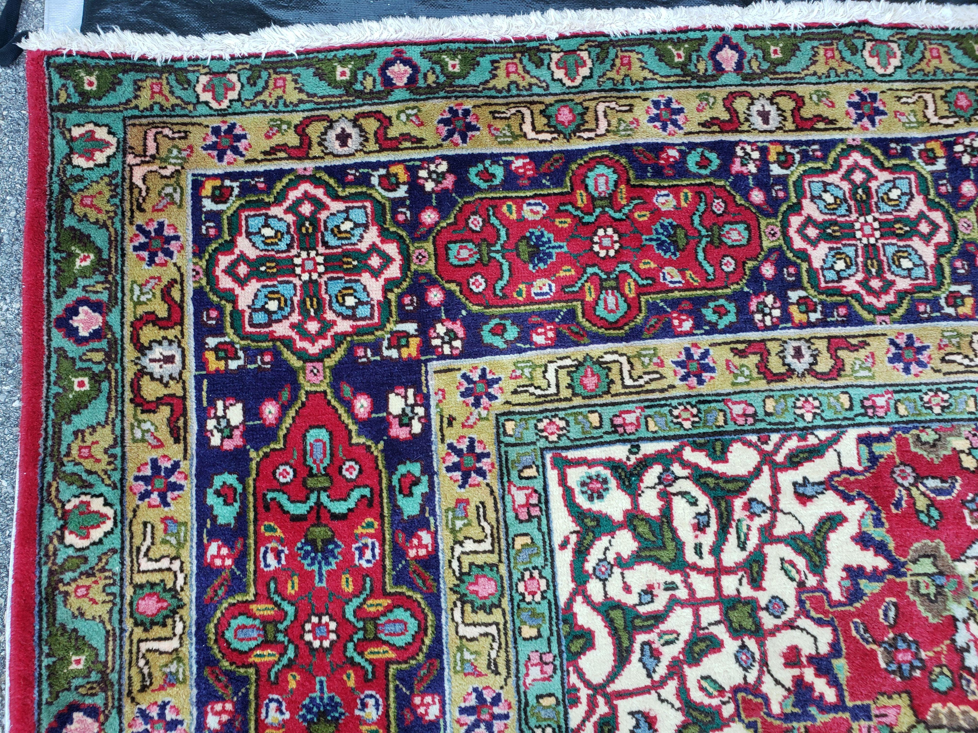 Antique Persian Tabriz Rug 9' 7" x 12' 9", Central Medallion, Persian Vases, Flowers, Curvilinear Vines, Red Blue Ivory, 10x13, Hand-Knotted, Wool, Mustafi Design - Jewel Rugs