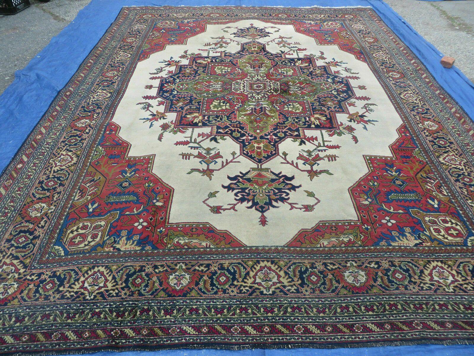 Persian Tabriz Rug 10x13 Oriental Carpet, Ivory Open Field, Geometric Medallion, Red Blue, Hand Knotted, Large Wool Area Rug Vintage Antique 1950s - Jewel Rugs