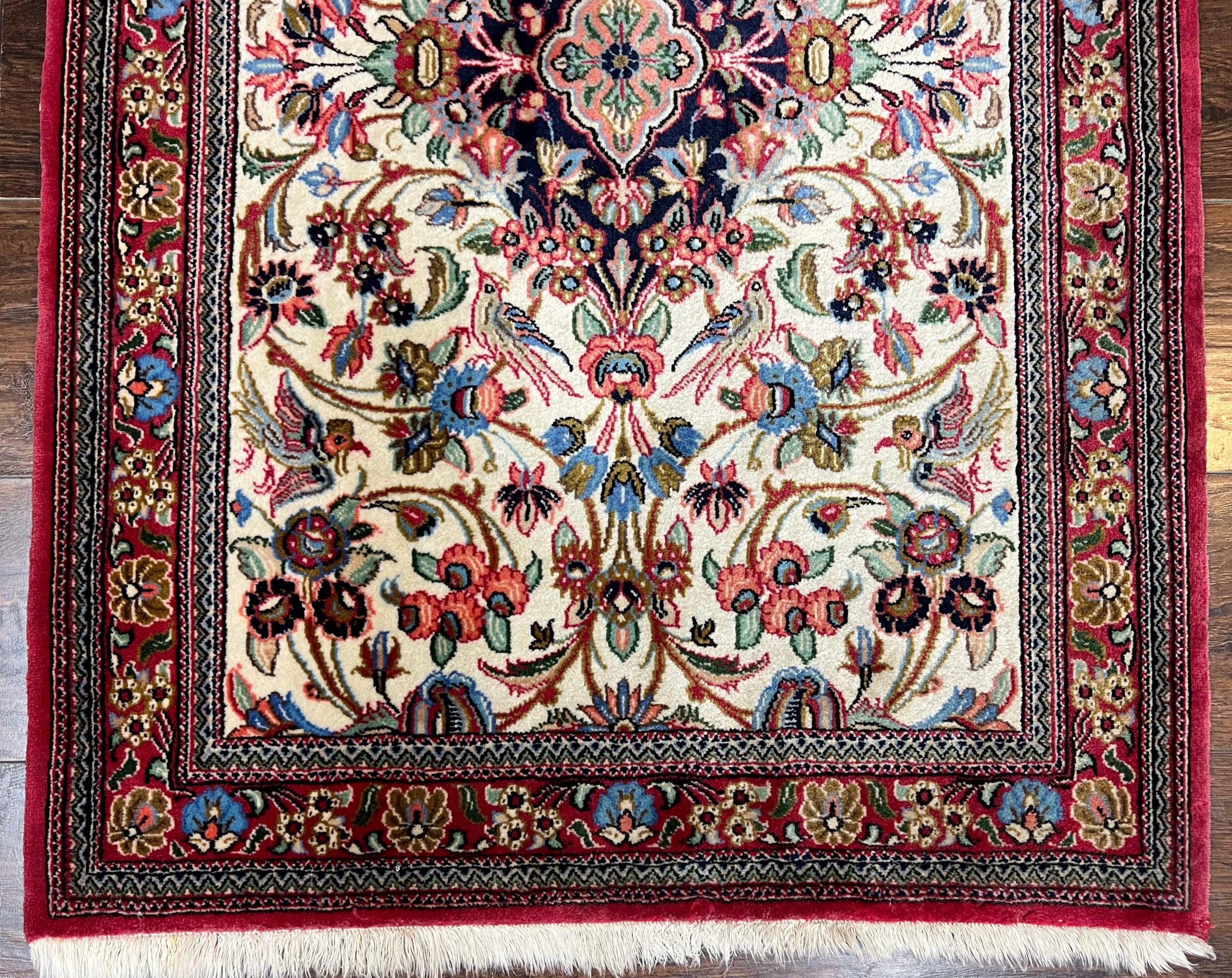 Wonderful Persian Qum Runner Rug 2.8 x 10 ft, Floral Medallions with Bird Motifs, Hand Knotted Wool Fine Oriental 10ft Hallway Runner, Cream Red - Jewel Rugs