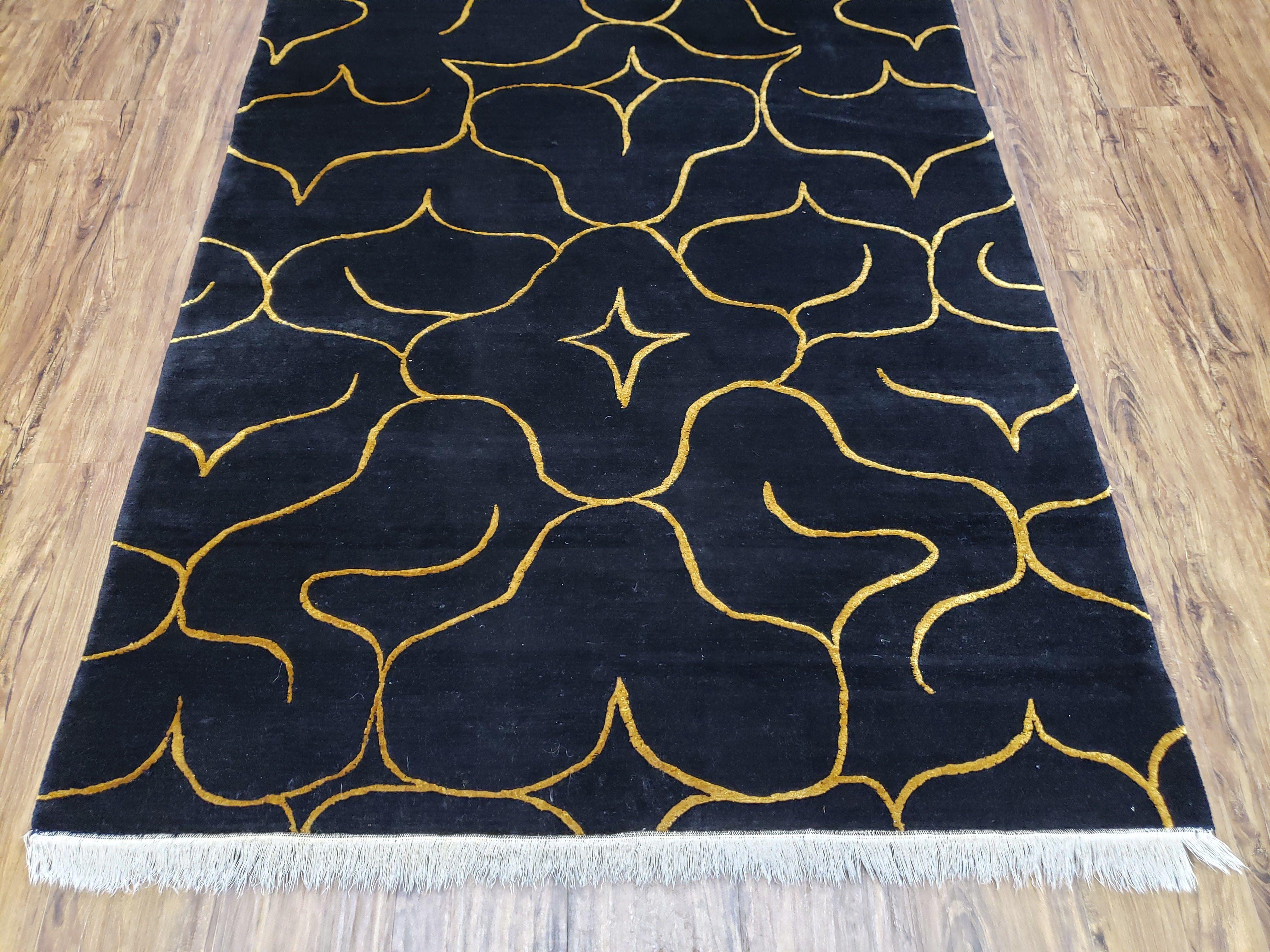 Black Tibetan Runner Rug, Wide Runner Rug, Black and Gold Rug, Handmade Carpet, 4.5 x 10 Rug, Wool and Silk Rug, Modern Tibetan Rug Abstract - Jewel Rugs