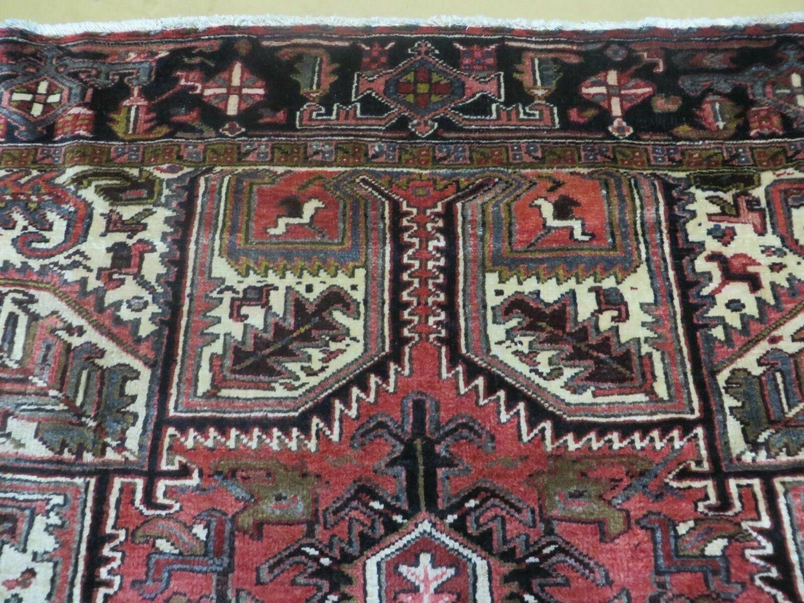 Persian Heriz Rug 8x12 Semi Antique Heriz Carpet, Room Sized Persian Carpet, Geometric Medallion, Wool, Hand Knotted, Red Ivory Dark Blue - Jewel Rugs