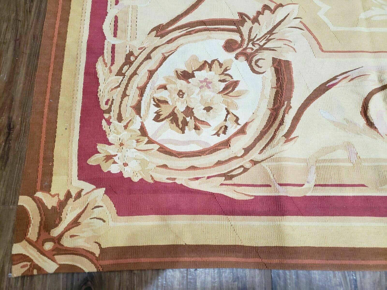 Aubusson Rug 10x13, Savonneire Carpet 10 x 13 ft, Handmade Vintage Flatweave Room Sized Wool Floral Aubusson, Cream/Tan Ivory Reds Pinks - Jewel Rugs