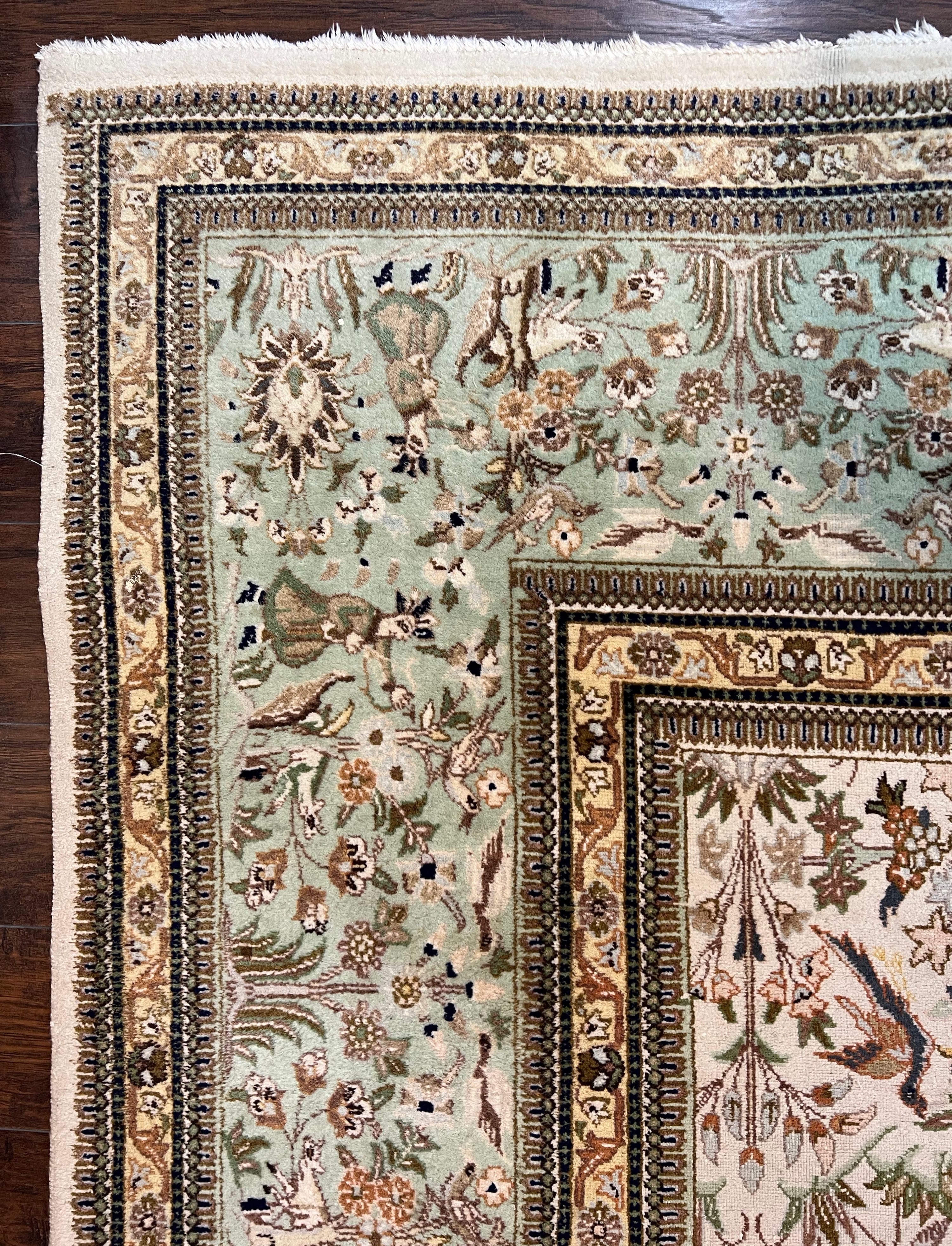 Wonderful Persian Tabriz Rug 10x16, Ivory and Light Green Oriental Carpet, Large Wool Handmade Rug 10 x 16, Floral, Hunting Scene Horsemen Animals - Jewel Rugs