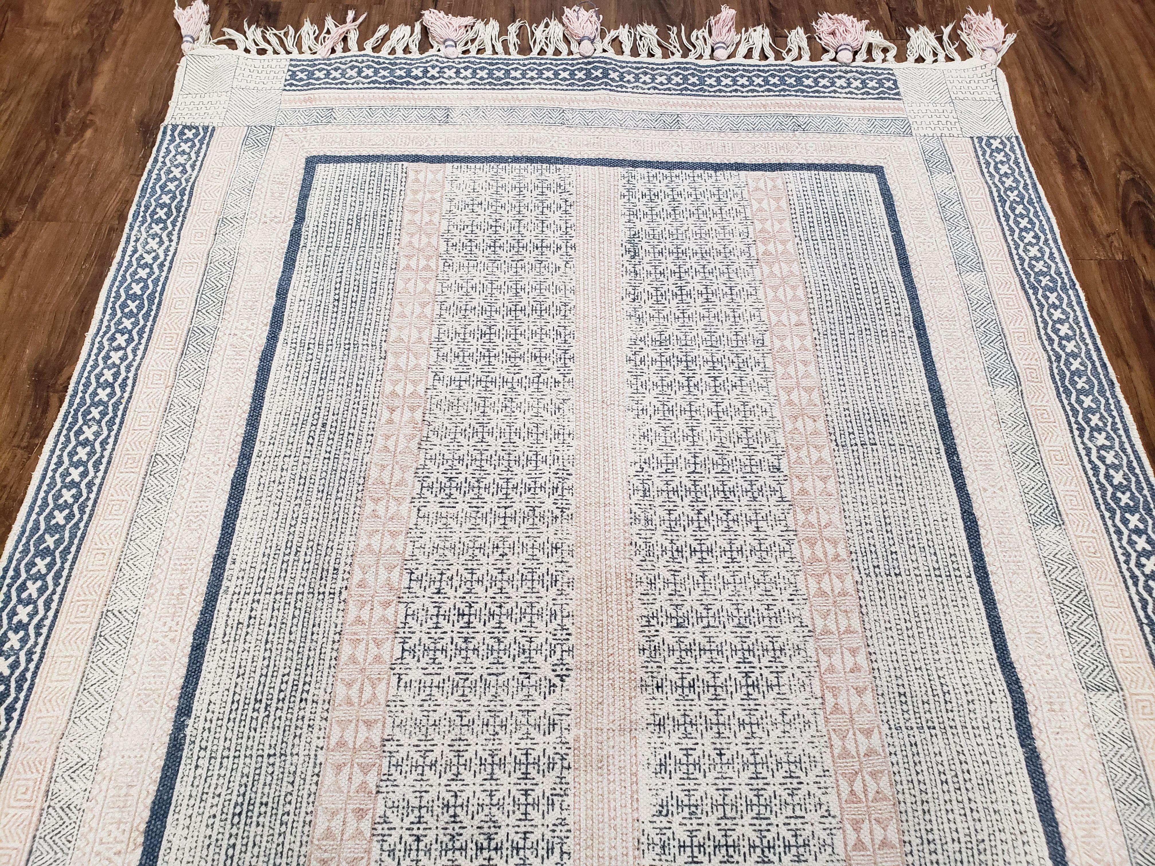 Vintage Moroccan Kilim Area Rug 4x6, Ivory & Blues, Moroccan Wall Hanging, Wool, Handmade, 3'9" x 6' 1", Boho Rug, Flatweave Moroccan Carpet - Jewel Rugs