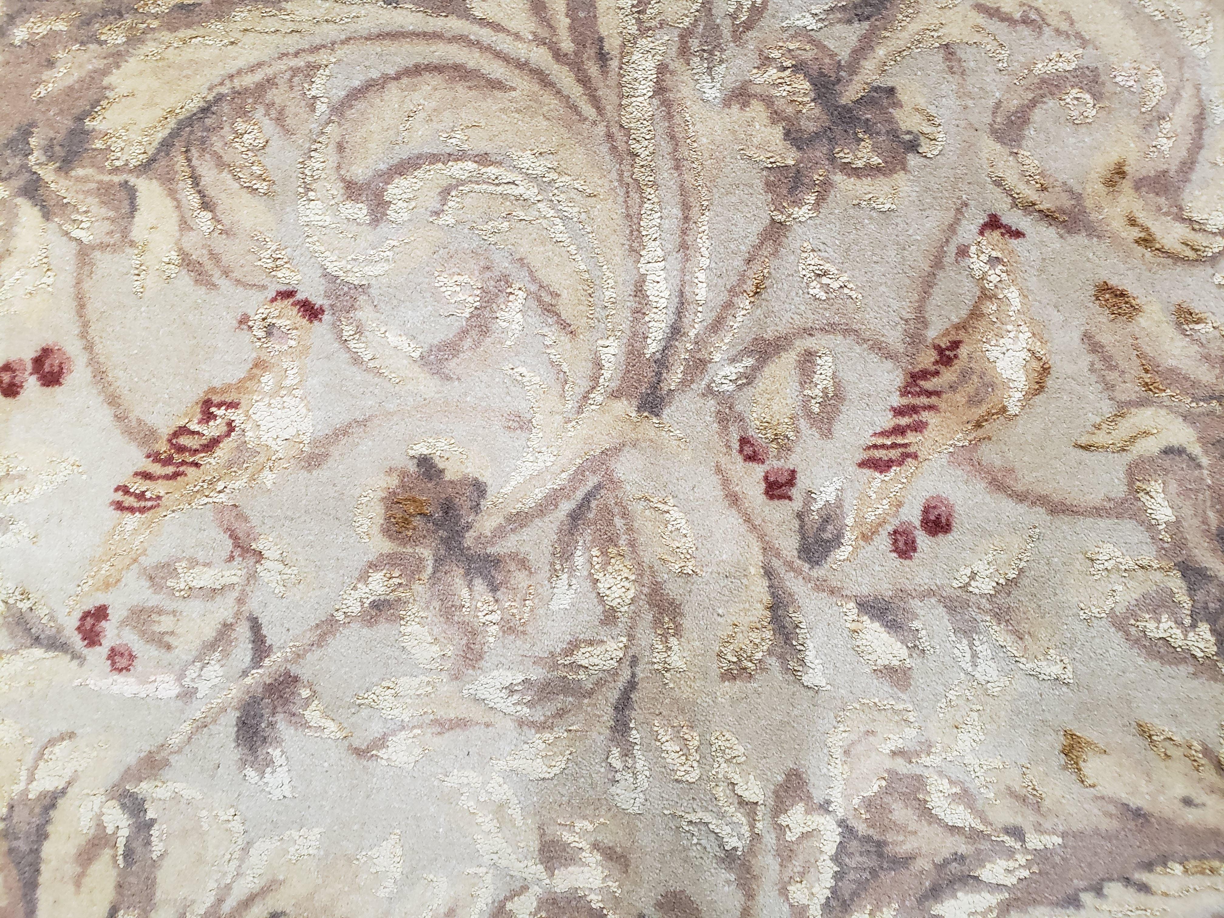 Chinese Aubusson Savonnerie Area Rug 8x12, Vintage 120 Line Carpet, Wool and Silk Hand-Knotted, Birds Flowers Master Weaver Signature - Jewel Rugs