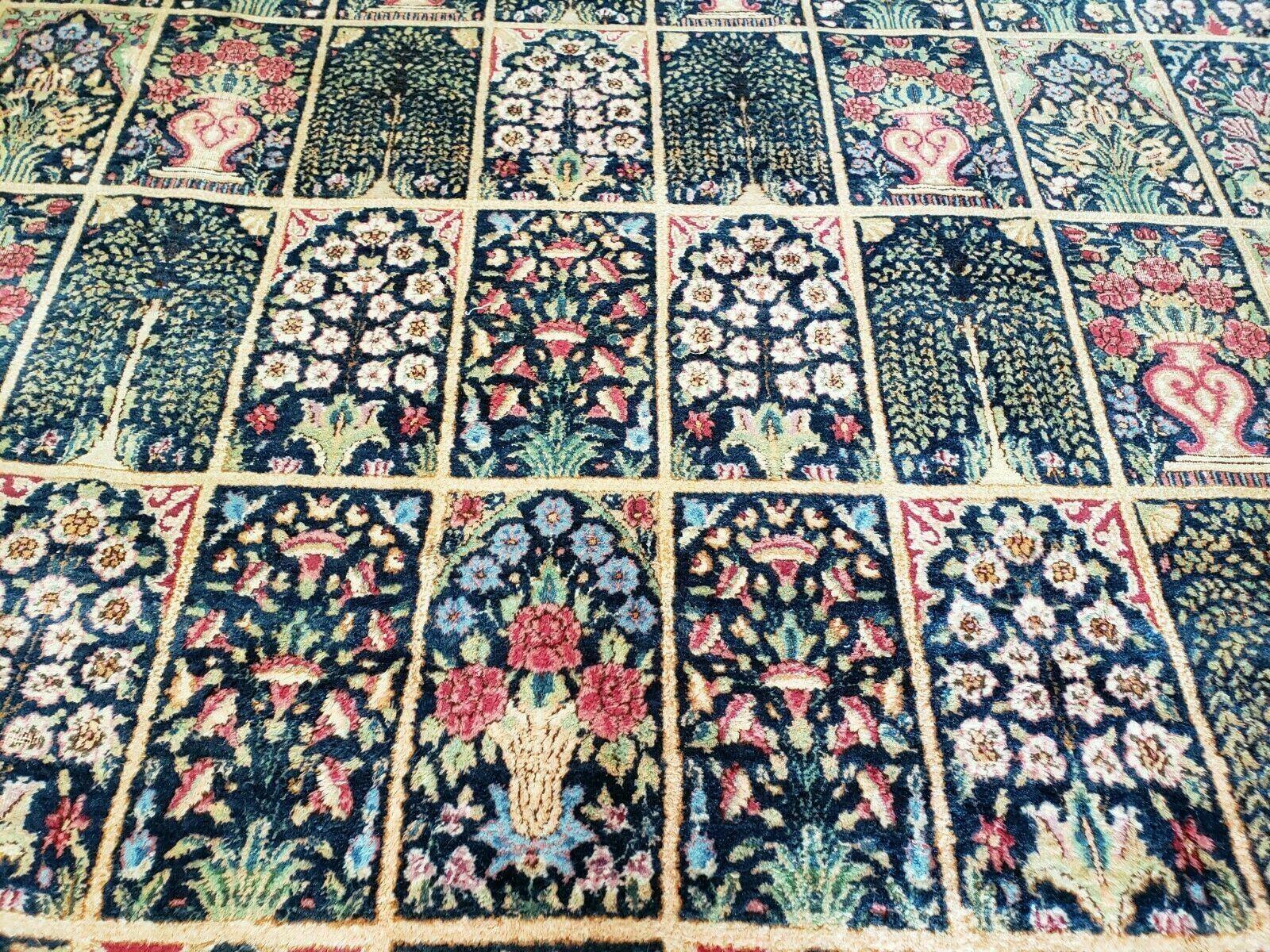 Persian Rug 10x15, Authentic Oriental Carpet 10 x 15, Wool Area Rug Panel Design Hand-Knotted Vintage Kirman Yazd Rug, Dark Blue and Beige, Floral - Jewel Rugs