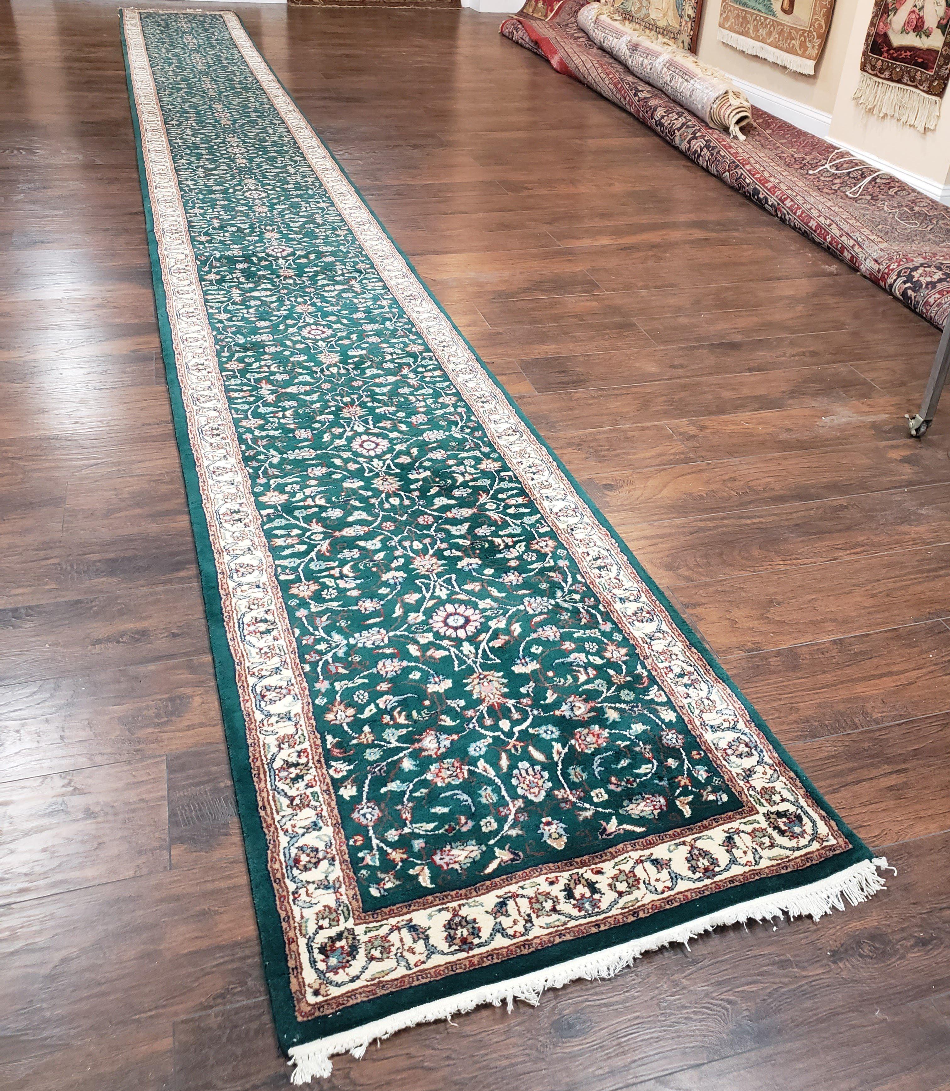 Extra Long Runner Rug 24 ft, Skinny & Long Rug for Hallway Corridor 2.6 x 24 Indo Persian Vintage Wool Rug Green and Cream Handmade Oriental - Jewel Rugs