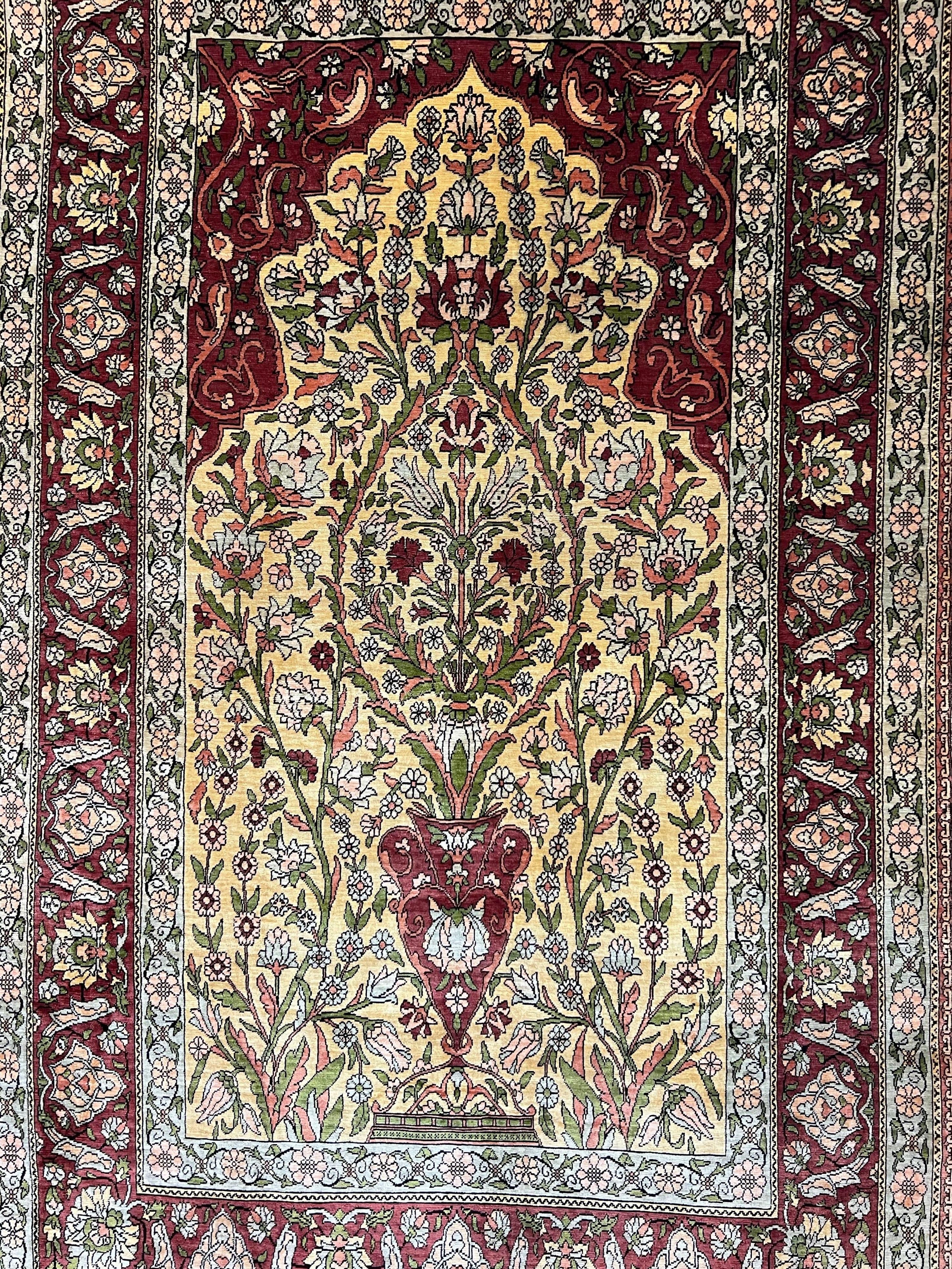 Wonderful Silk Turkish Hereke Prayer Rug 2.8 x 4.5, Tree of Life Design, Signature from Master Weaver, Gold and Burgundy, Handmade, 625 KPSI - Jewel Rugs