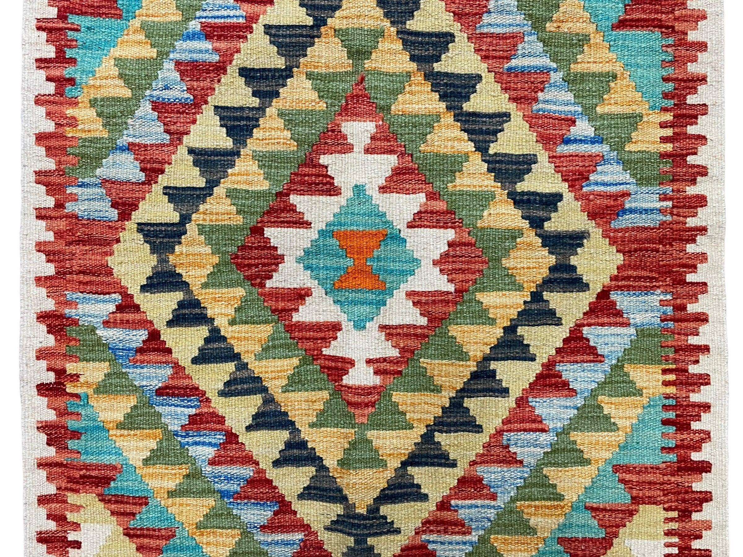 Small Kilim Rug 2x3 Colorful Turkish Kilim Accent Rug New Flatweave Wool Kilim Chobi Kilim Diamond Zigzag Playroom Rug - Jewel Rugs