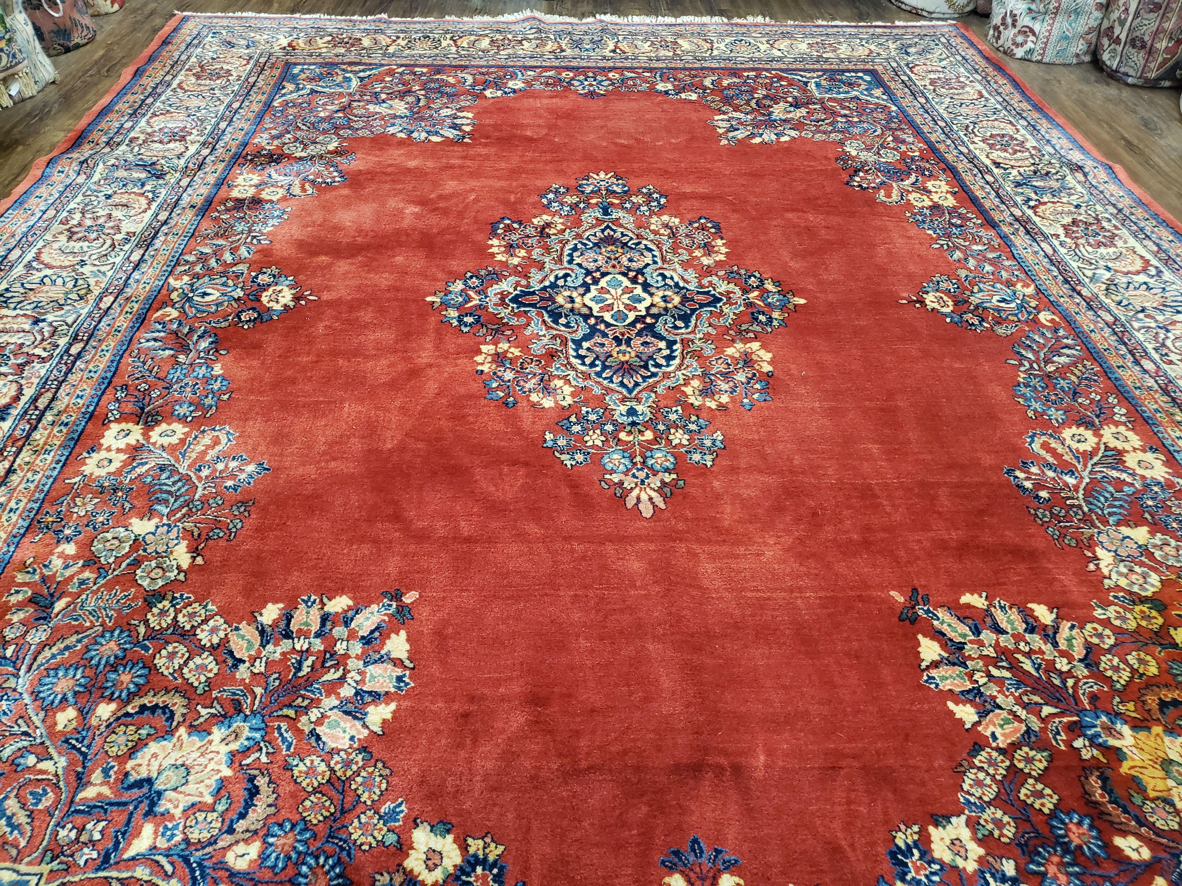 Semi Antique Persian Sarouk Rug 9x12, Semi Open Field with Central Medallion, Hand Knotted Wool, Tomato Red, 9 x 12 Authentic Oriental Carpet - Jewel Rugs