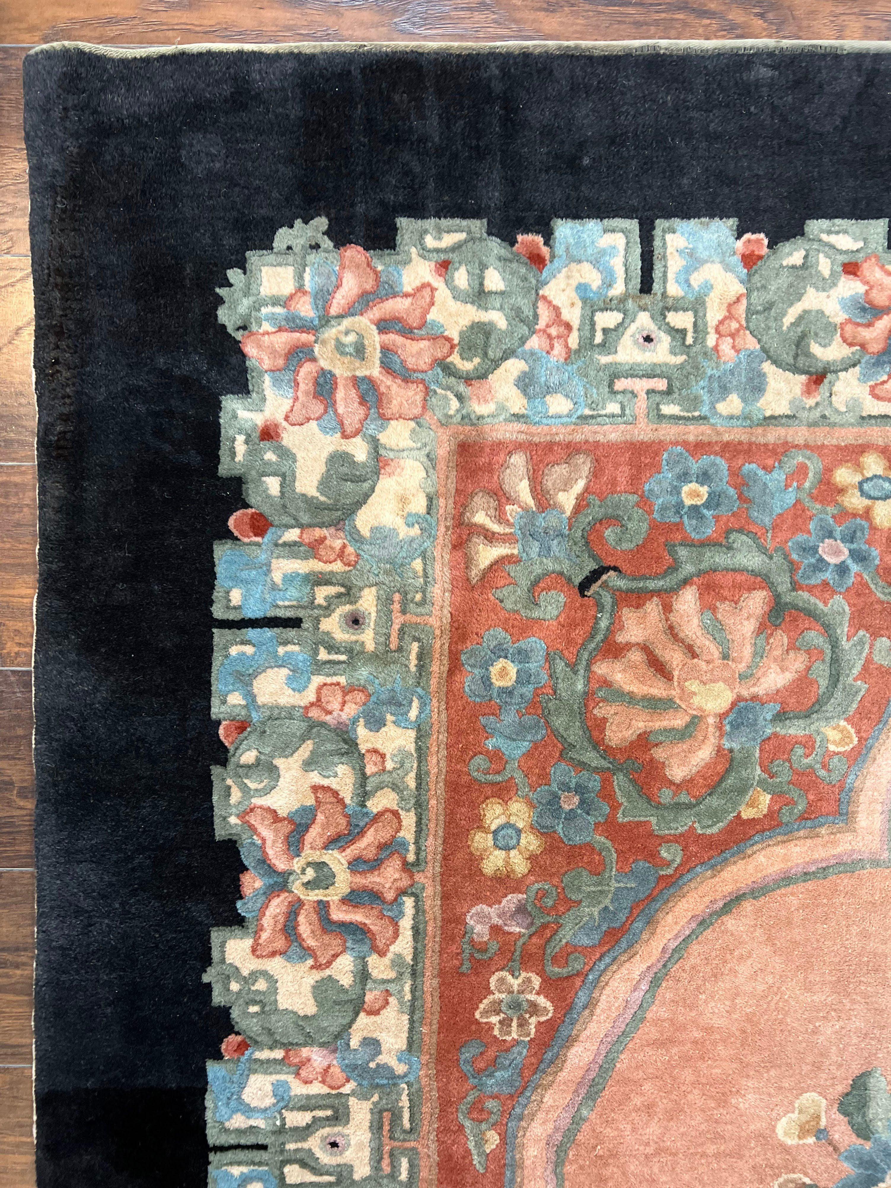 Antique Chinese Wool Rug 9x12, Chinese Peking Fete Carpet 9 x 12 ft, Pink Black Cream Light Blue, Handmade Hand Knotted Asian Art Deco Rug - Jewel Rugs