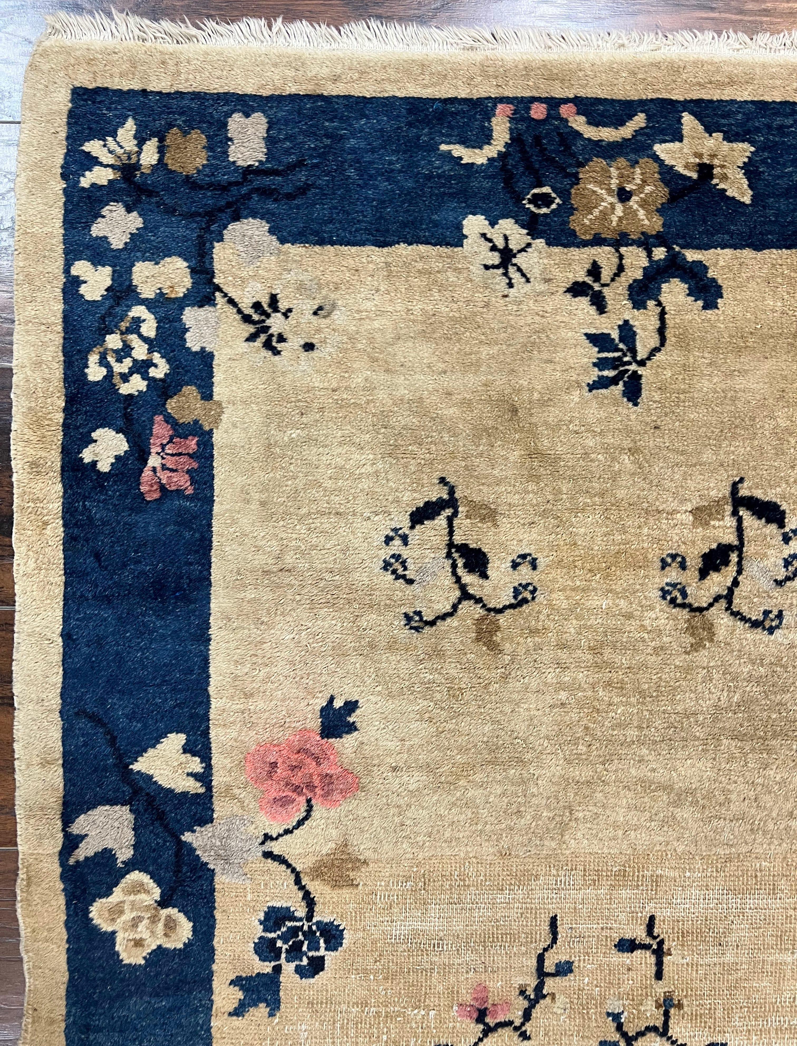 Antique Chinese Peking Rug 3x6, Beige and Dark Blue Hand Knotted Handmade Asian Oriental Carpet, Floral Vases, Vintage Wool Art Deco Rug - Jewel Rugs