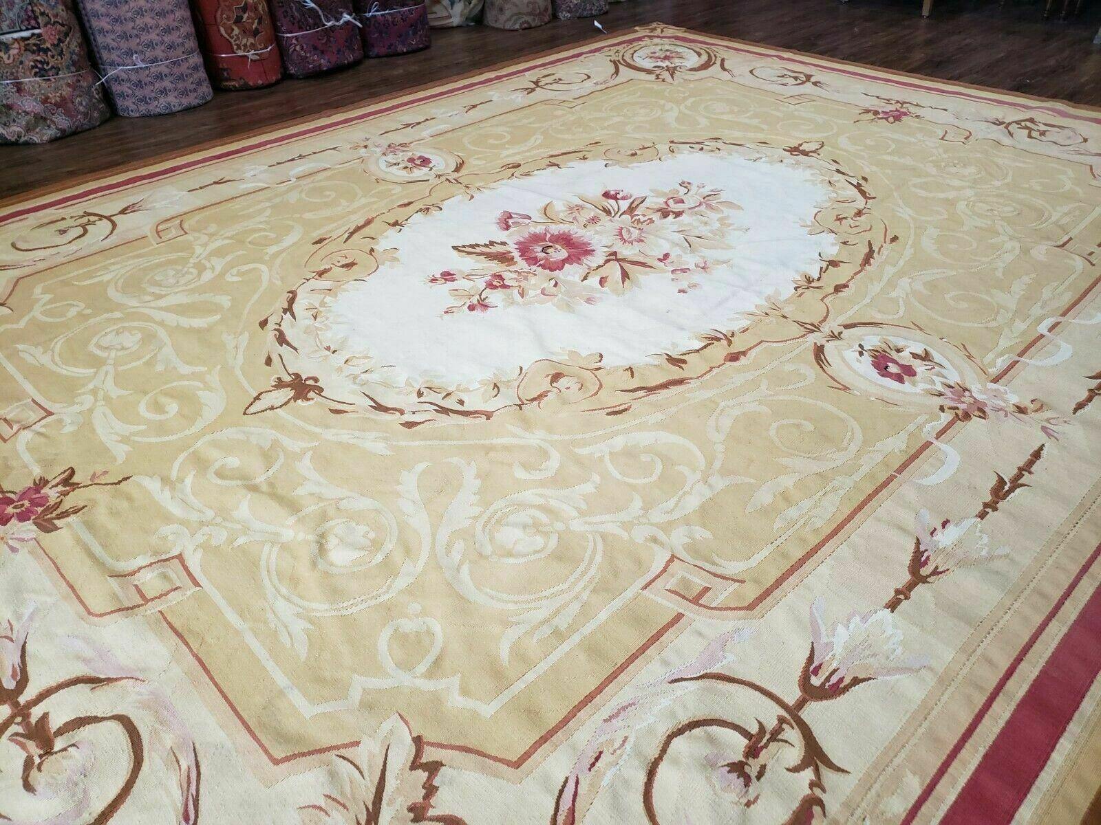 Aubusson Rug 10x13, Savonneire Carpet 10 x 13 ft, Handmade Vintage Flatweave Room Sized Wool Floral Aubusson, Cream/Tan Ivory Reds Pinks - Jewel Rugs