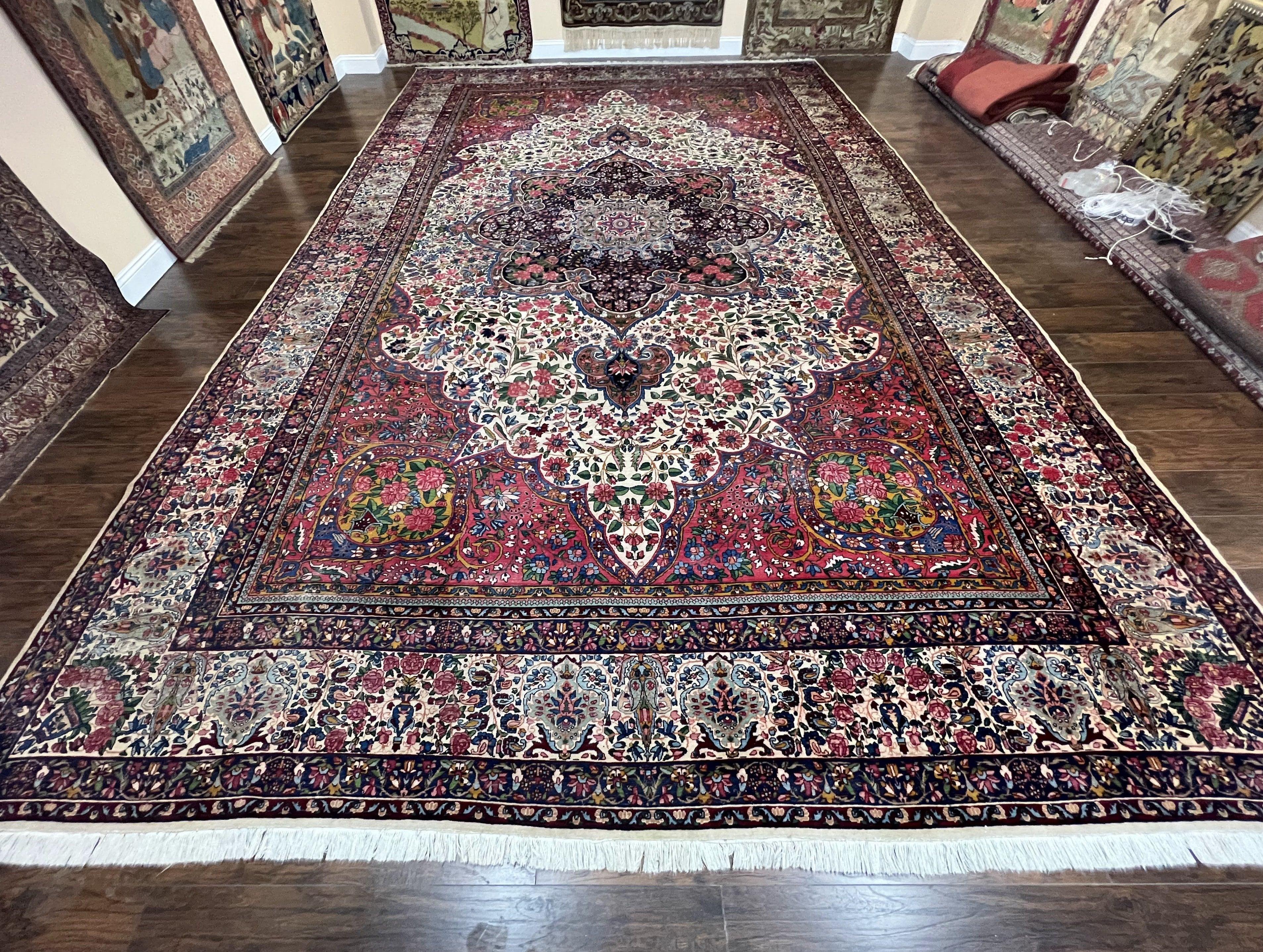 Spectacular Antique Persian Rug 12x19, Oversized Carpet 12 x 19, Palace Sized Hand Knotted Wool Rug, Floral Medallion, Kirman Lavar, Ivory Red - Jewel Rugs