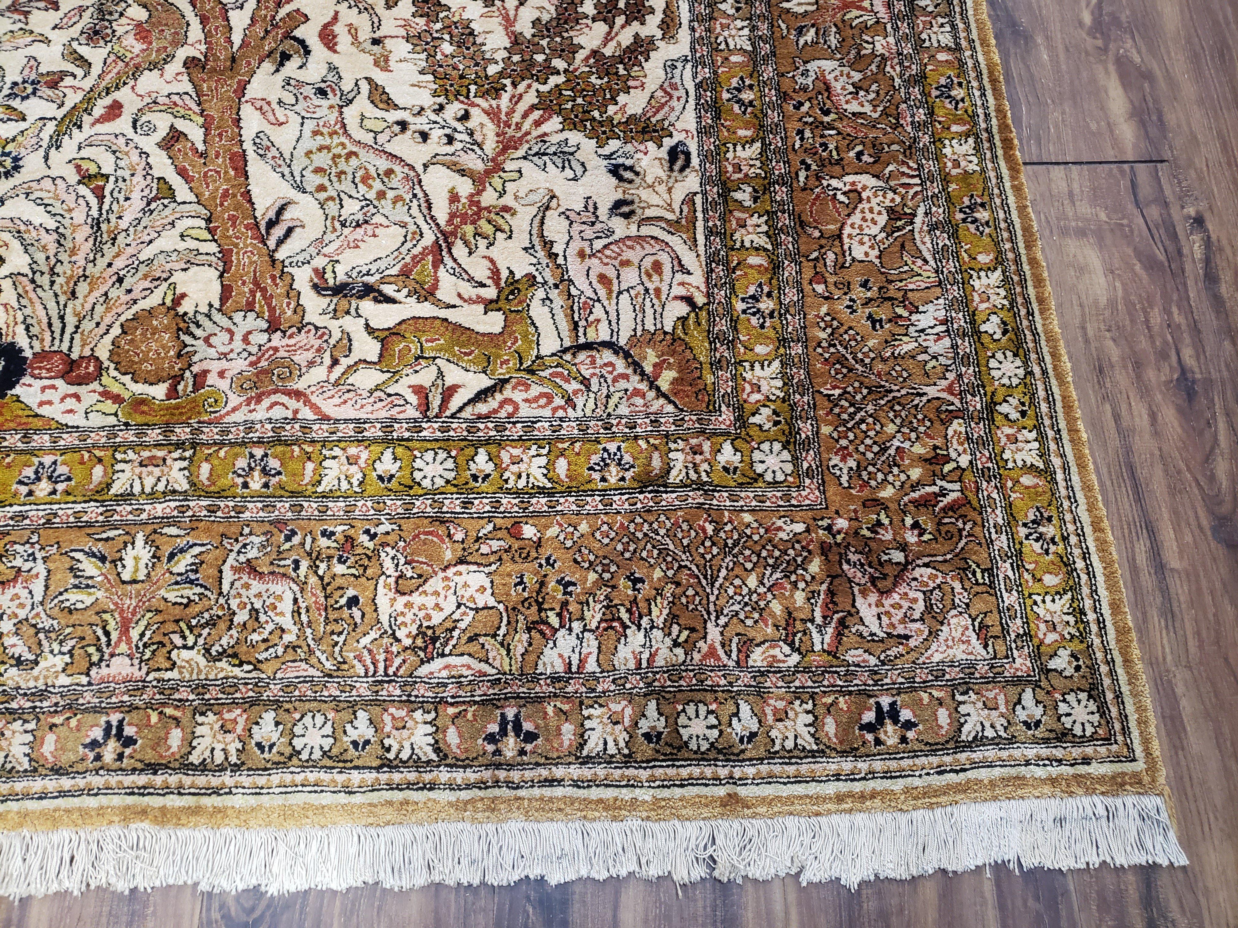 Persian Qum Silk Rug 5x7, Tree of Life Persian Silk Carpet with Animal Pictorials, Birds Deer, Hand Knotted 1950s Fine Rug Cream Gold - Jewel Rugs