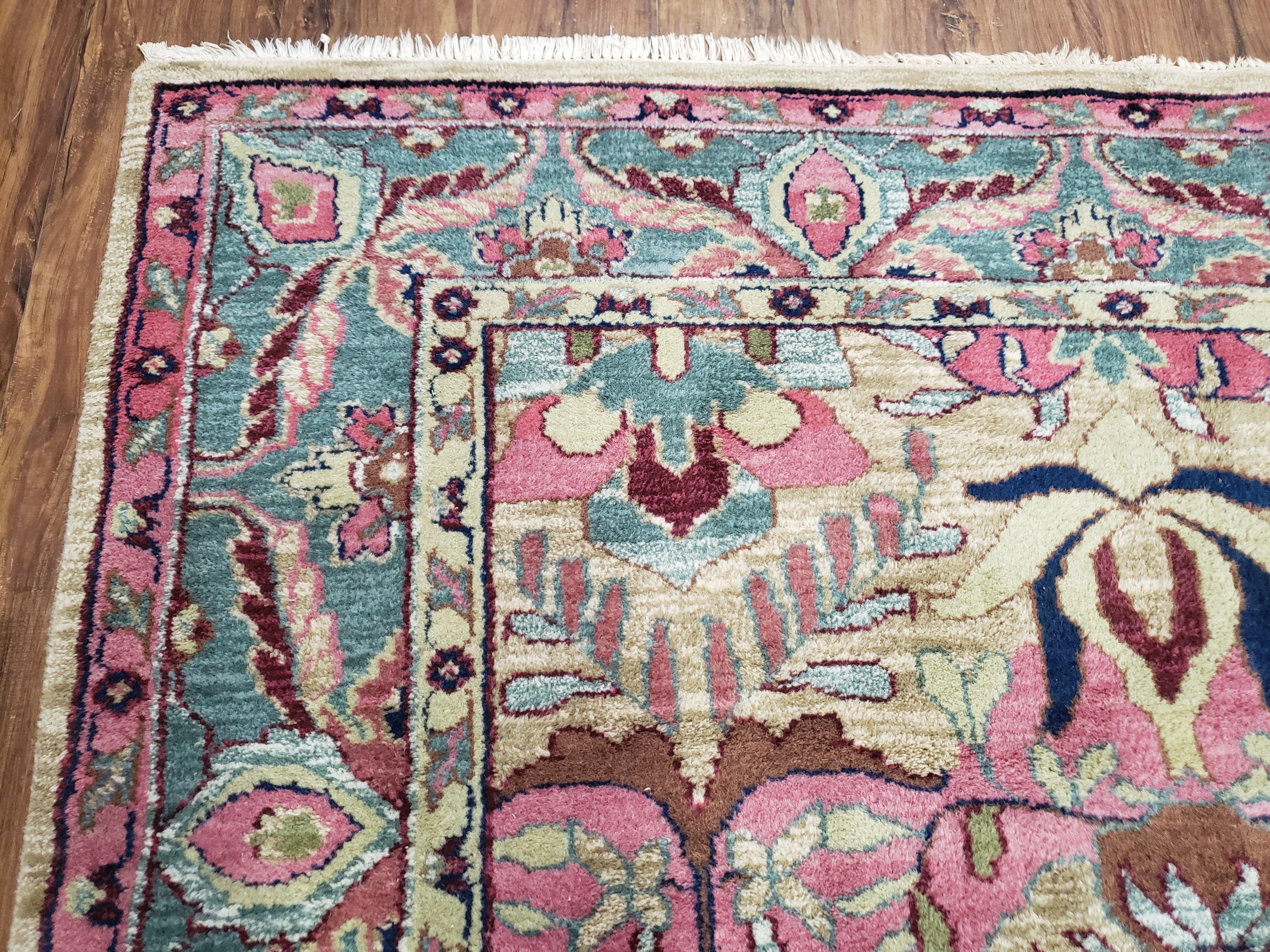 Indo Persian Rug, 6x9 Rug, Medium Sized Handmade Area Rug, Pink and Teal Oriental Carpet, Indian Rug, Vintage Rug, Hand Knotted Rug, Unique - Jewel Rugs