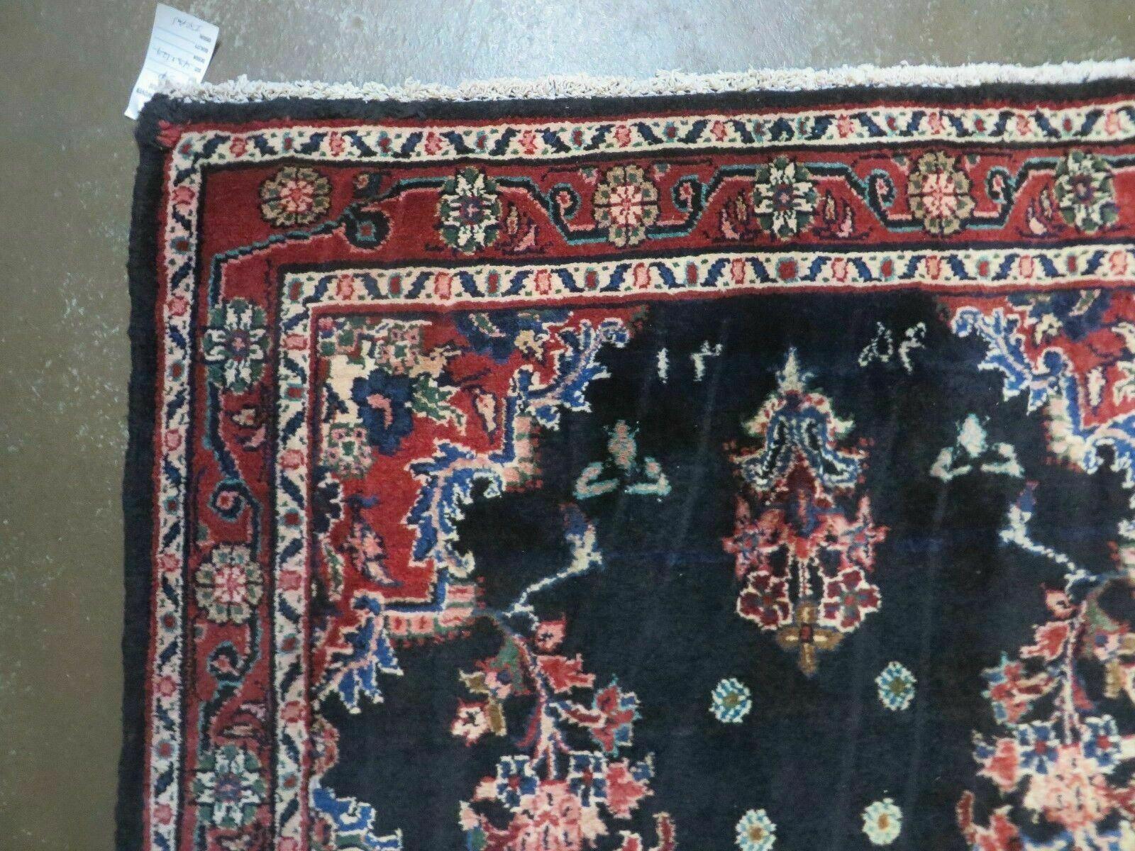 Persian Runner Rug 3.7 x 10.9, Antique Persian Lilihan Lilian Sarouk Wool Handmade Oriental Tribal Hallway Runner, Navy Blue Red Cream, Floral Semi Open Field Medallion - Jewel Rugs