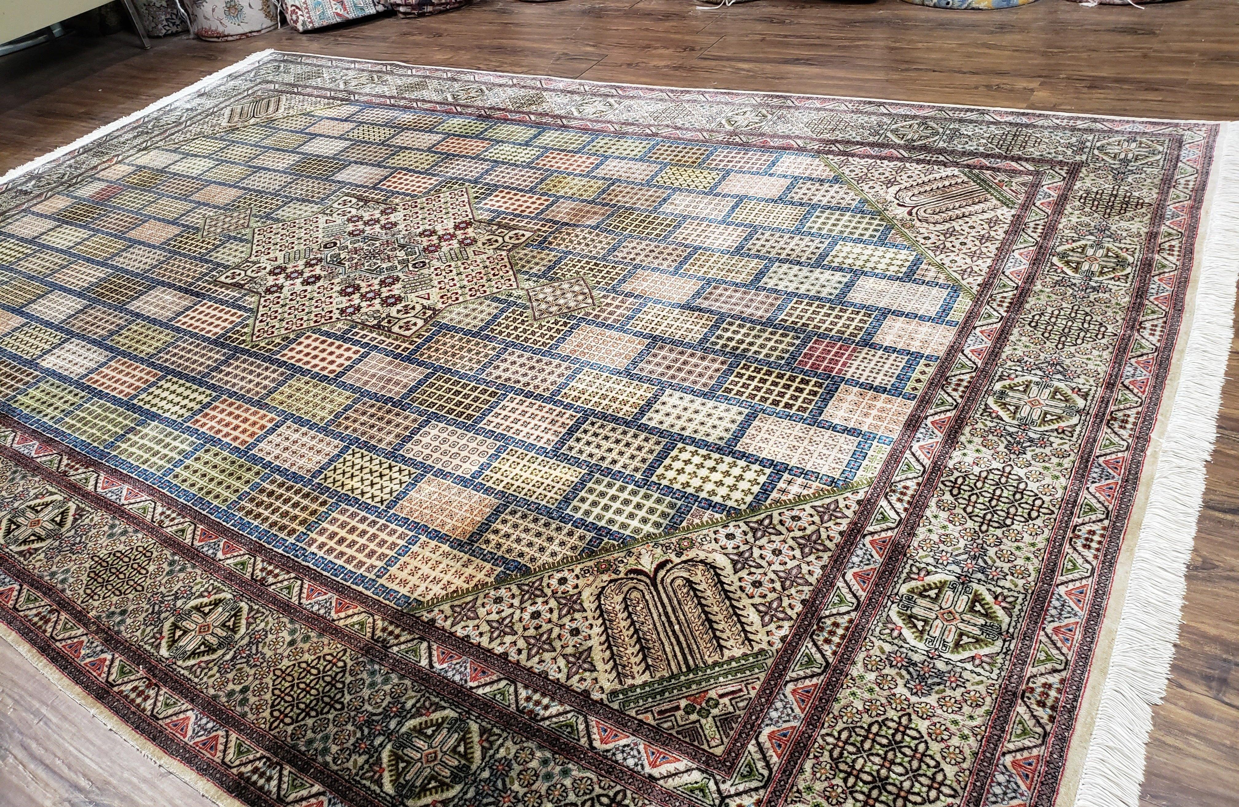 Sino Persian Silk Rug 6.4 x 9.9, Very Fine Hand Knotted Carpet, Panel Design Multicolor, Silk Pile on Silk Foundation, Handmade Vintage - Jewel Rugs