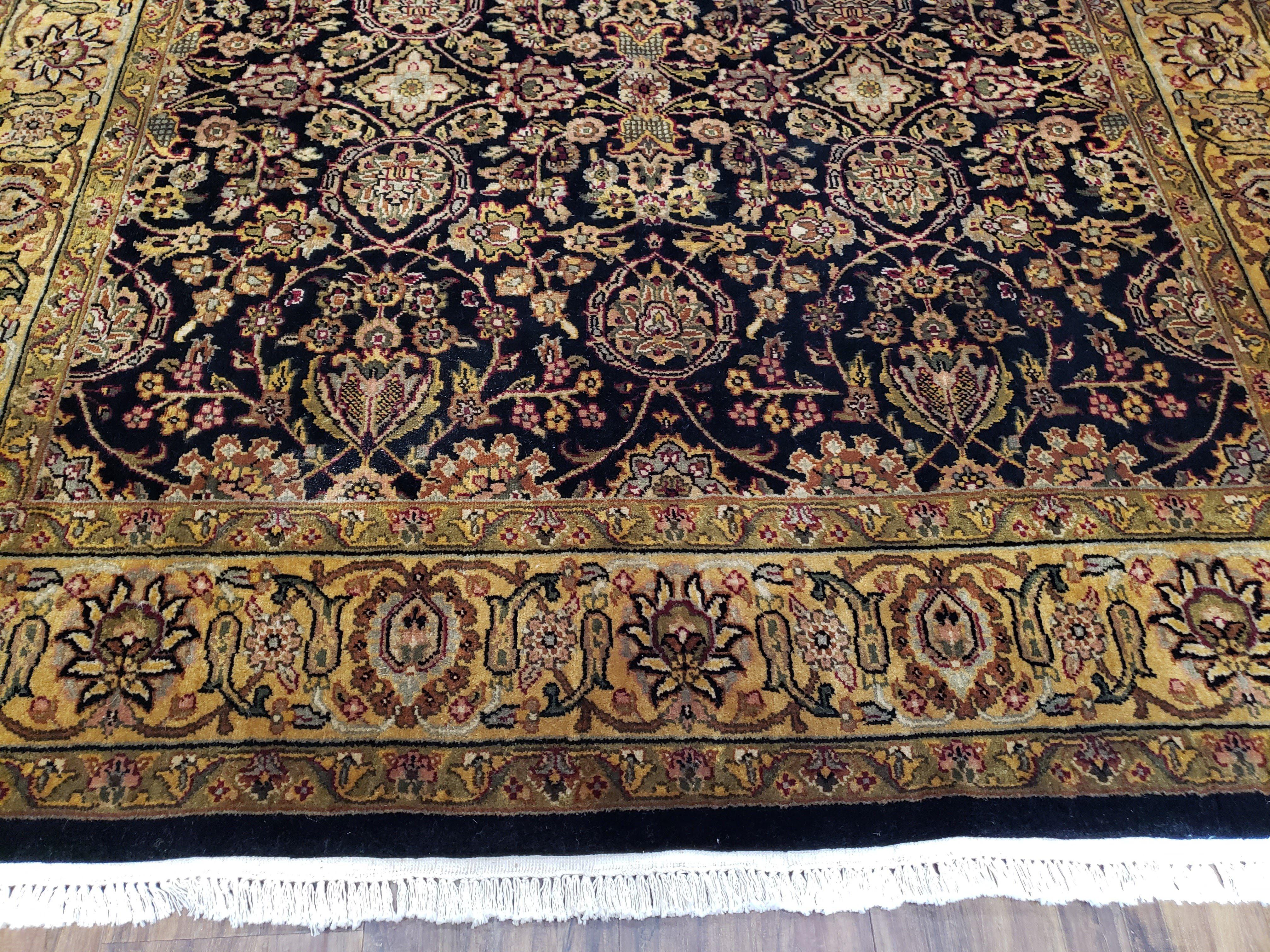 Vintage Floral Indo-Persian Area Rug 5x9 - 6x10, Wool Hand-knotted Black & Gold Indian Oriental Carpet, 6x9 Dining Table Rug, Bedroom Rug - Jewel Rugs
