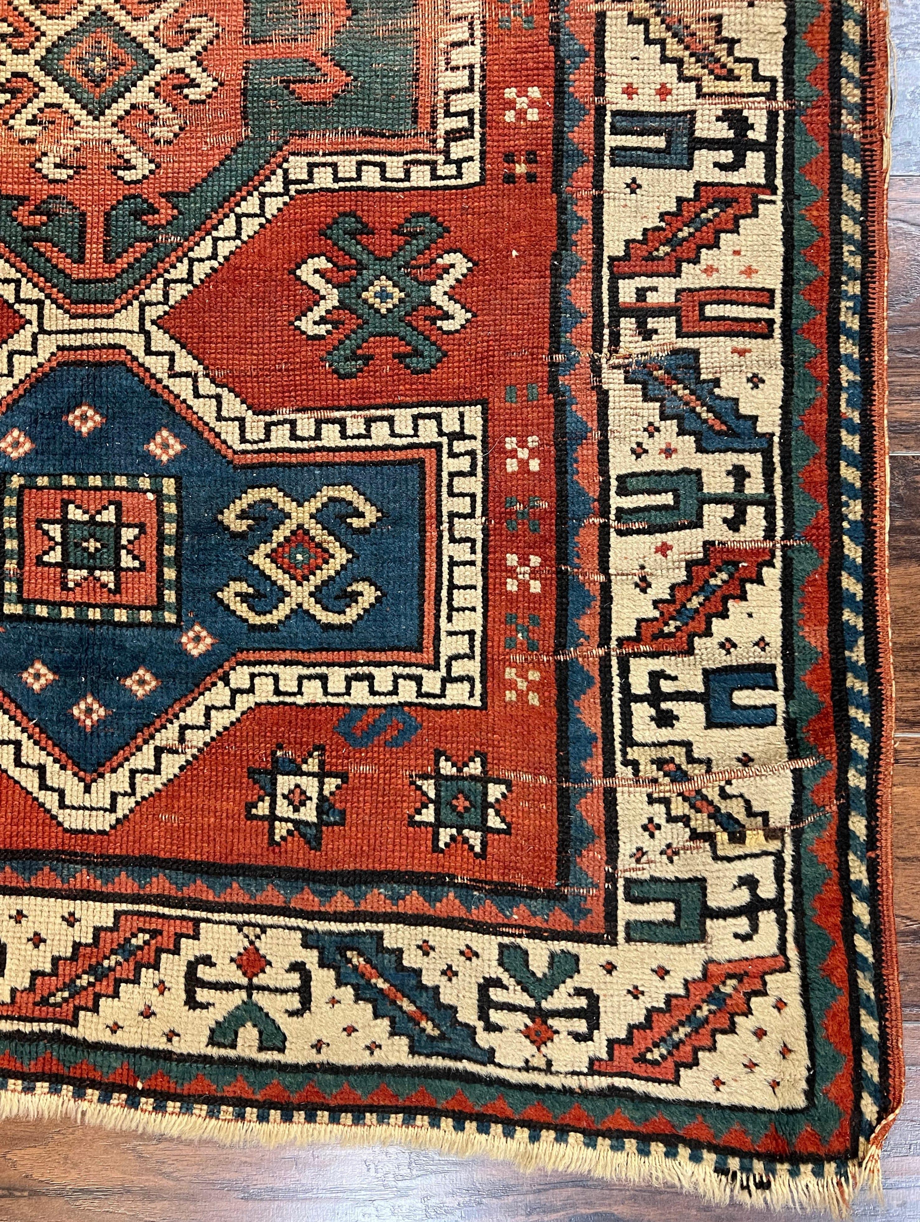 Antique Caucasian Rug 4x5, Geometric Kazak Rug circa 1920s, Hand Knotted Wool Oriental Carpet, Rust Red-Orange and Cream, Collectible Rug - Jewel Rugs