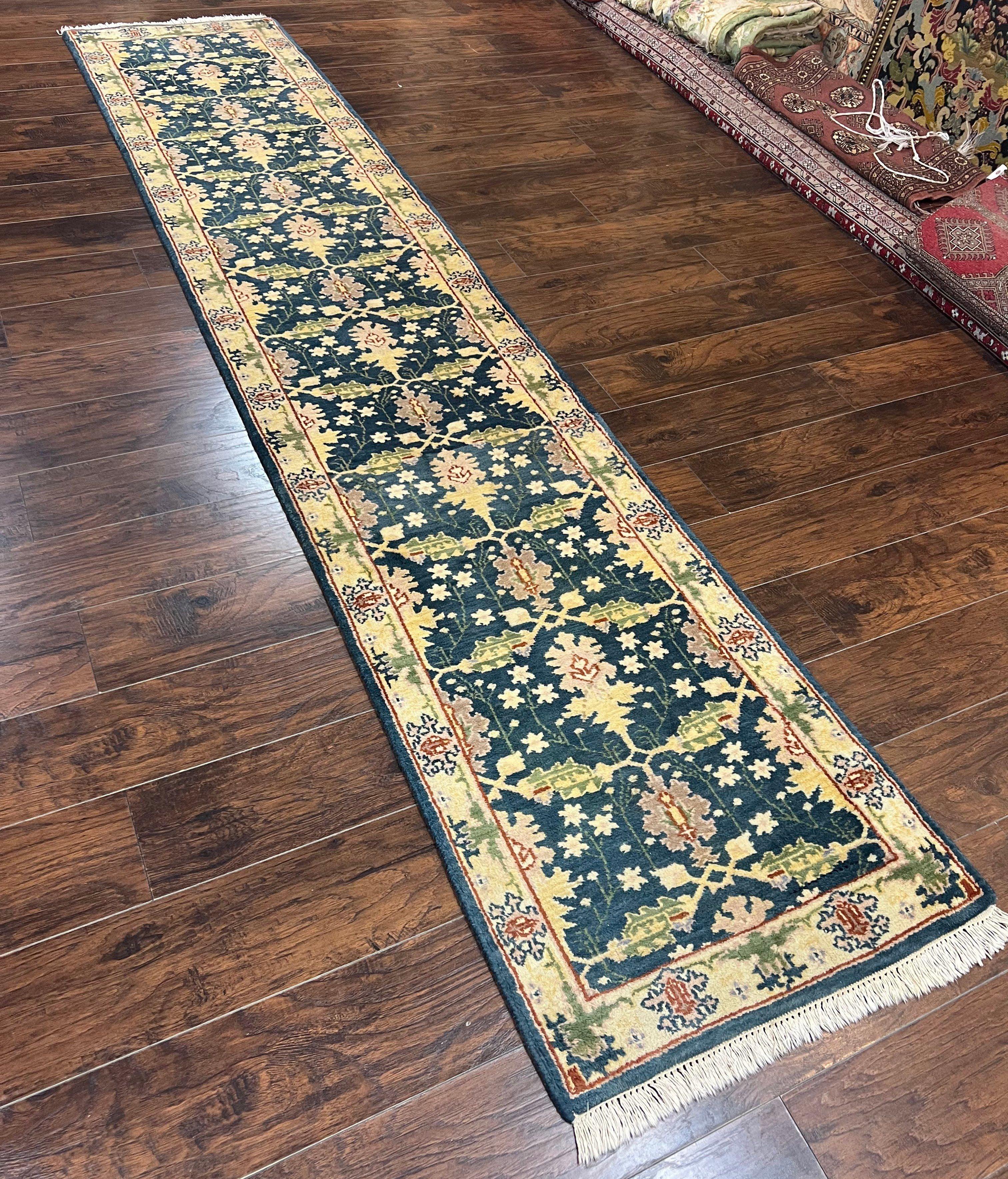 Indian Runner Rug 2.6 x 12, Navy Blue Beige Oriental Runner Rug 12ft Long, Narrow Hallway Runner, Wool Hand Knotted Indo Persian Mahal Rug - Jewel Rugs