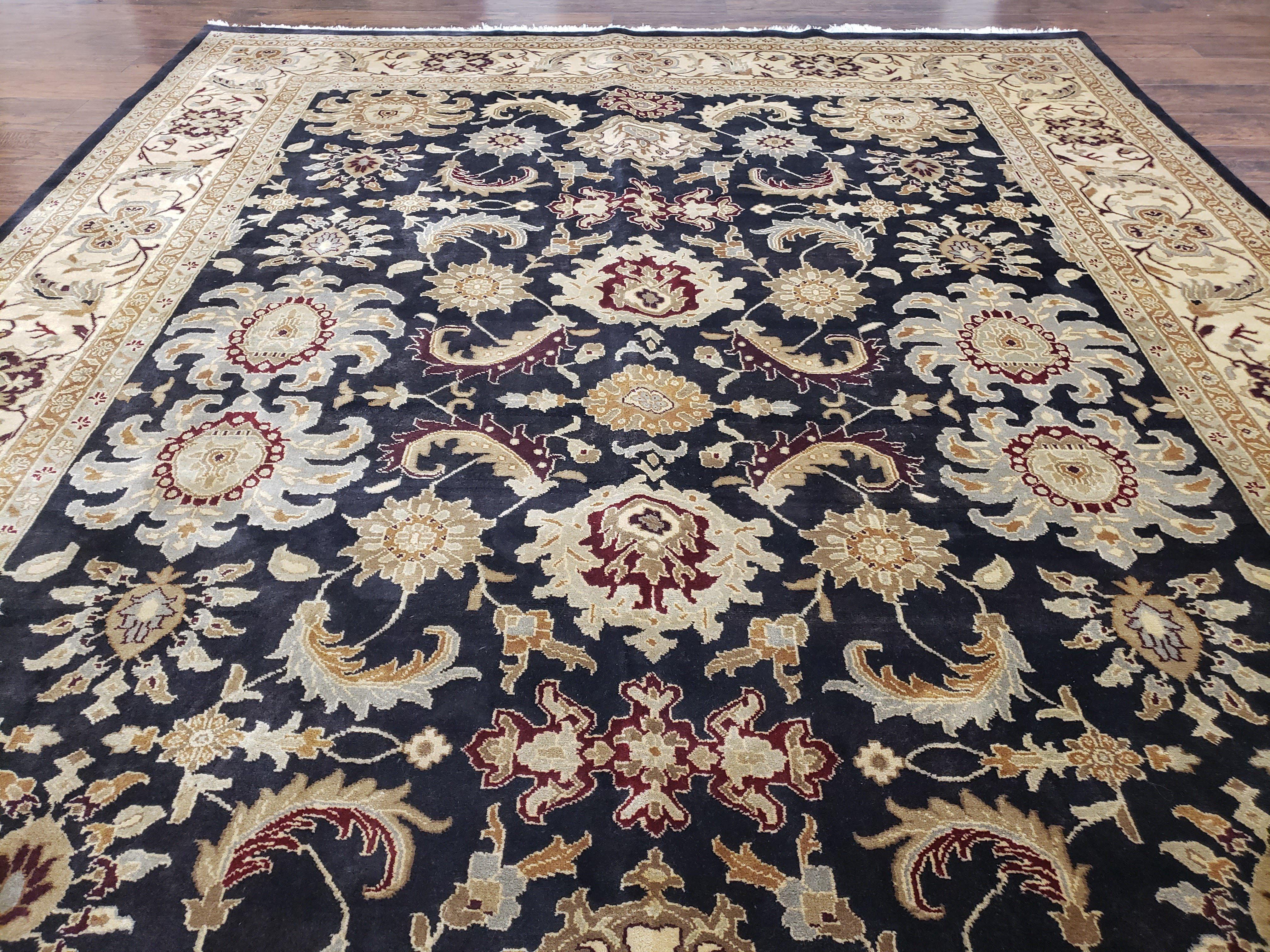 Indo Mahal Rug 8x12, Indian Sultanabad Handmade Area Rug, Vintage Hand-Knotted Wool Black Floral Traditional Oriental Dinning Room Rug - Jewel Rugs