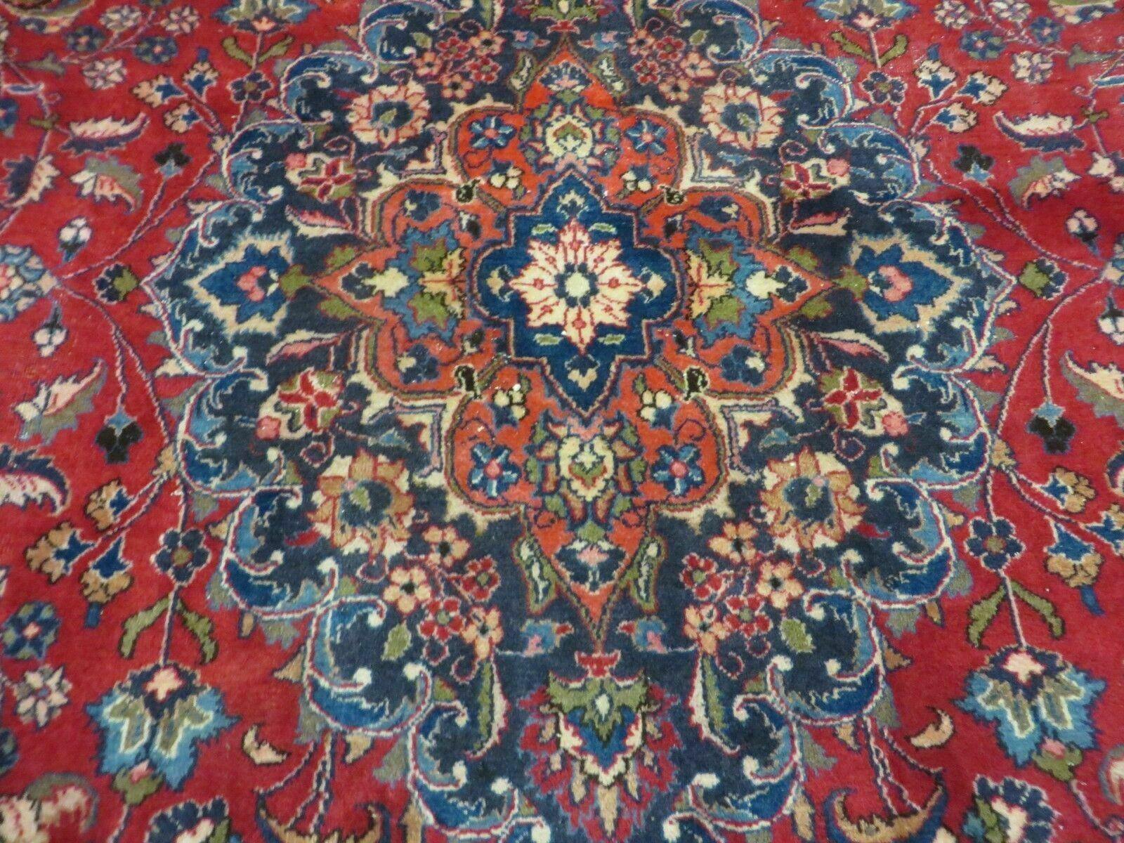 Signed Persian Mashad Rug 10x13 Oriental Carpet, Semi Antique Rug 10 x 13 Vintage Rug, Hand Knotted, Traditional, Red Blue Cream, Medallion Allover - Jewel Rugs