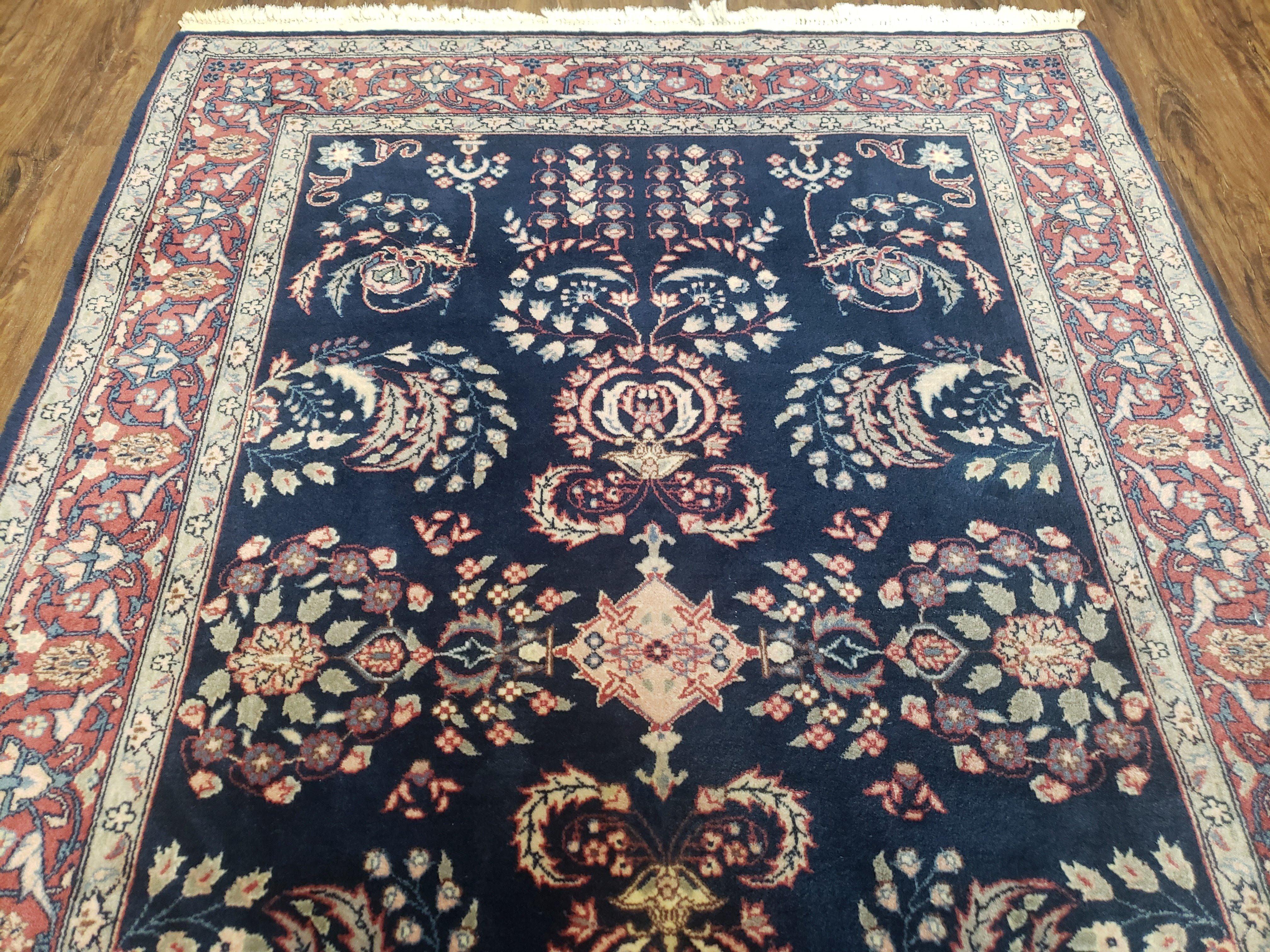 Dark Blue Indo Persian Rug 4x6, Medium Size Hand Knotted Oriental Carpet, Traditional Floral Indian Rug, Blue and Red Entryway Rug, Wool Rug - Jewel Rugs