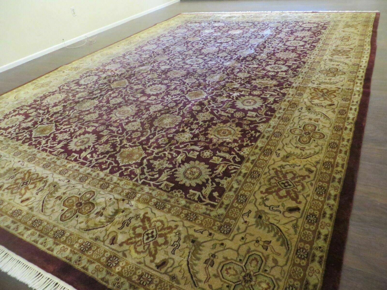 Indian Agra Rug 10x14 Vintage Handmade Larastan Wool Carpet Maroon Floral - Jewel Rugs