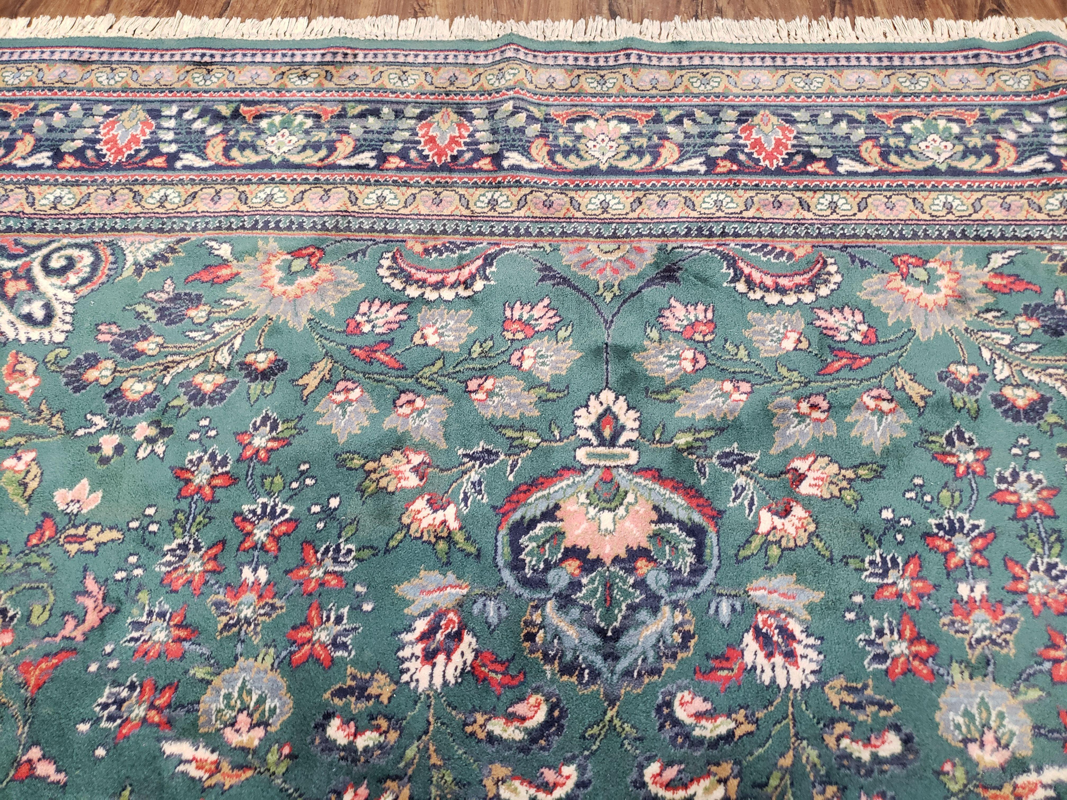 Vintage Traditional Oriental Rug, Pine Green & Midnight Blue Carpet, Louis de Poortere, 8x11 Belgium Power-Loomed Rug, Allover Floral Design - Jewel Rugs