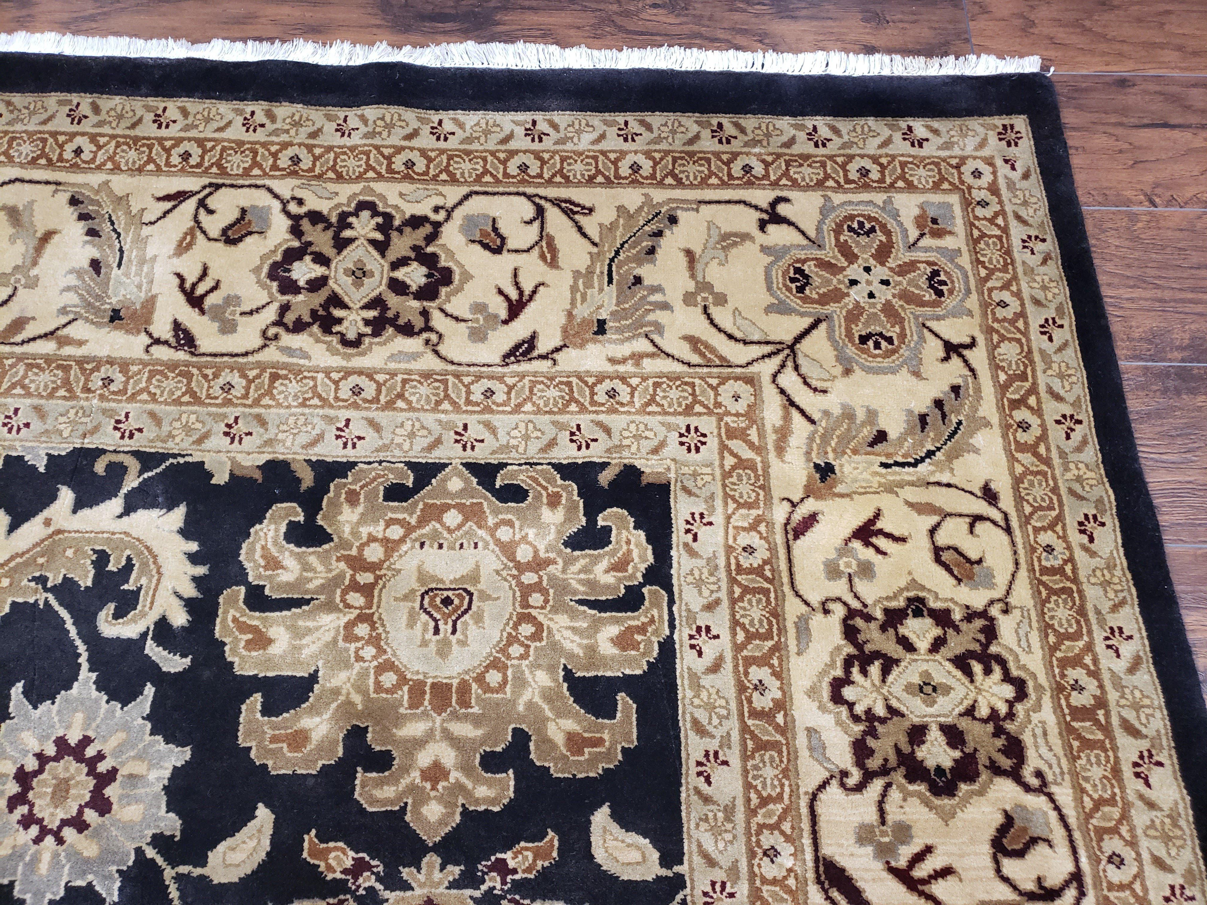 Indo Mahal Rug 8x12, Indian Sultanabad Handmade Area Rug, Vintage Hand-Knotted Wool Black Floral Traditional Oriental Dinning Room Rug - Jewel Rugs