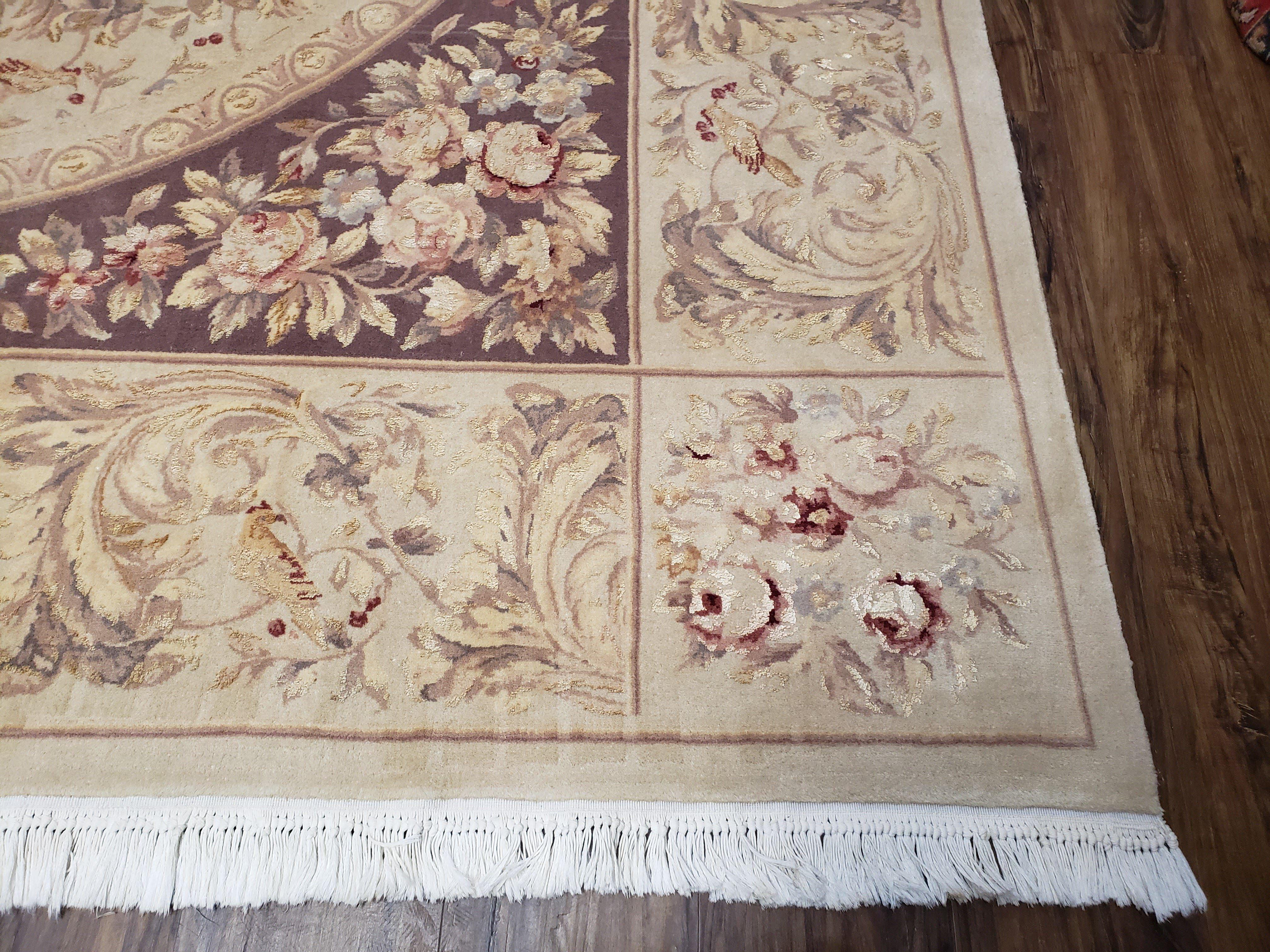Chinese Aubusson Savonnerie Area Rug 8x12, Vintage 120 Line Carpet, Wool and Silk Hand-Knotted, Birds Flowers Master Weaver Signature - Jewel Rugs