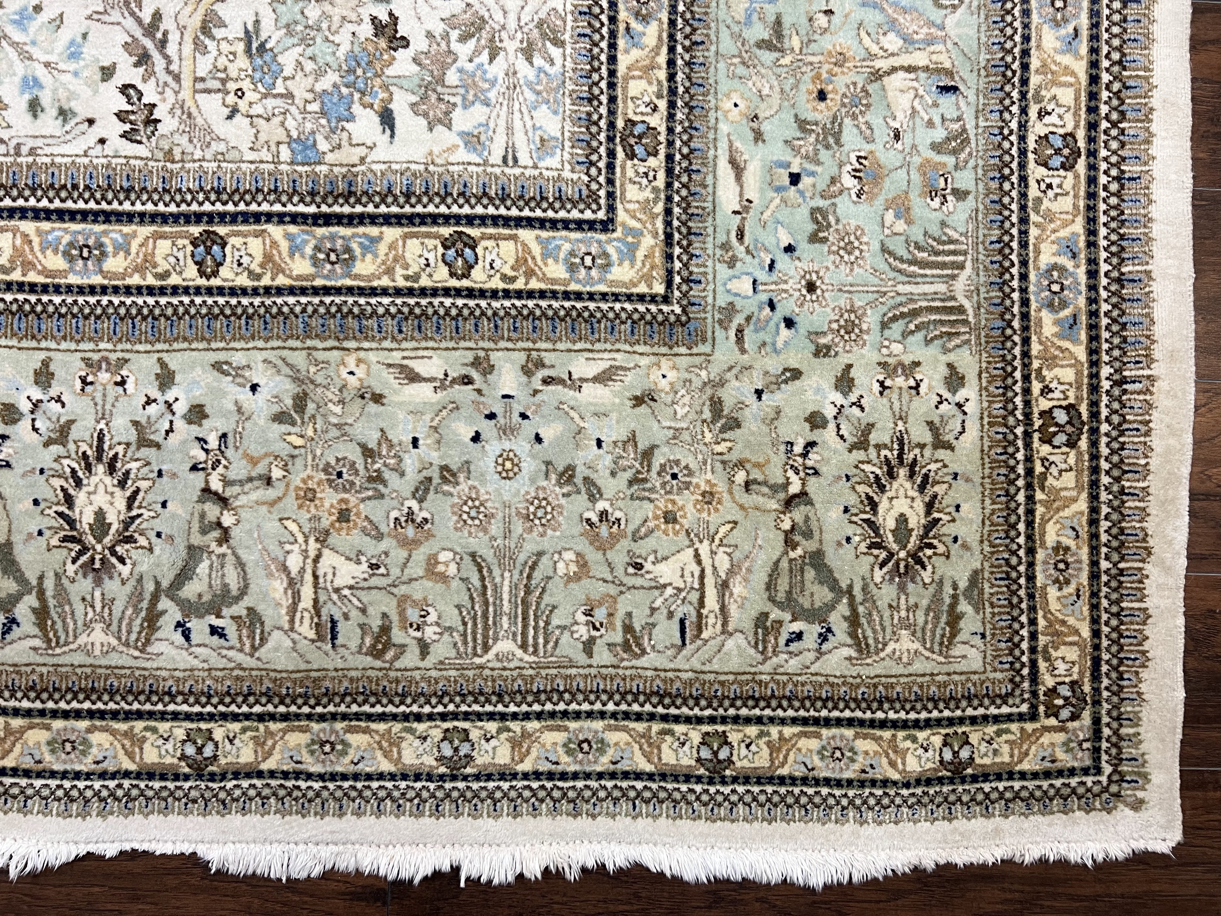 Wonderful Persian Tabriz Rug 10x16, Ivory and Light Green Oriental Carpet, Large Wool Handmade Rug 10 x 16, Floral, Hunting Scene Horsemen Animals - Jewel Rugs