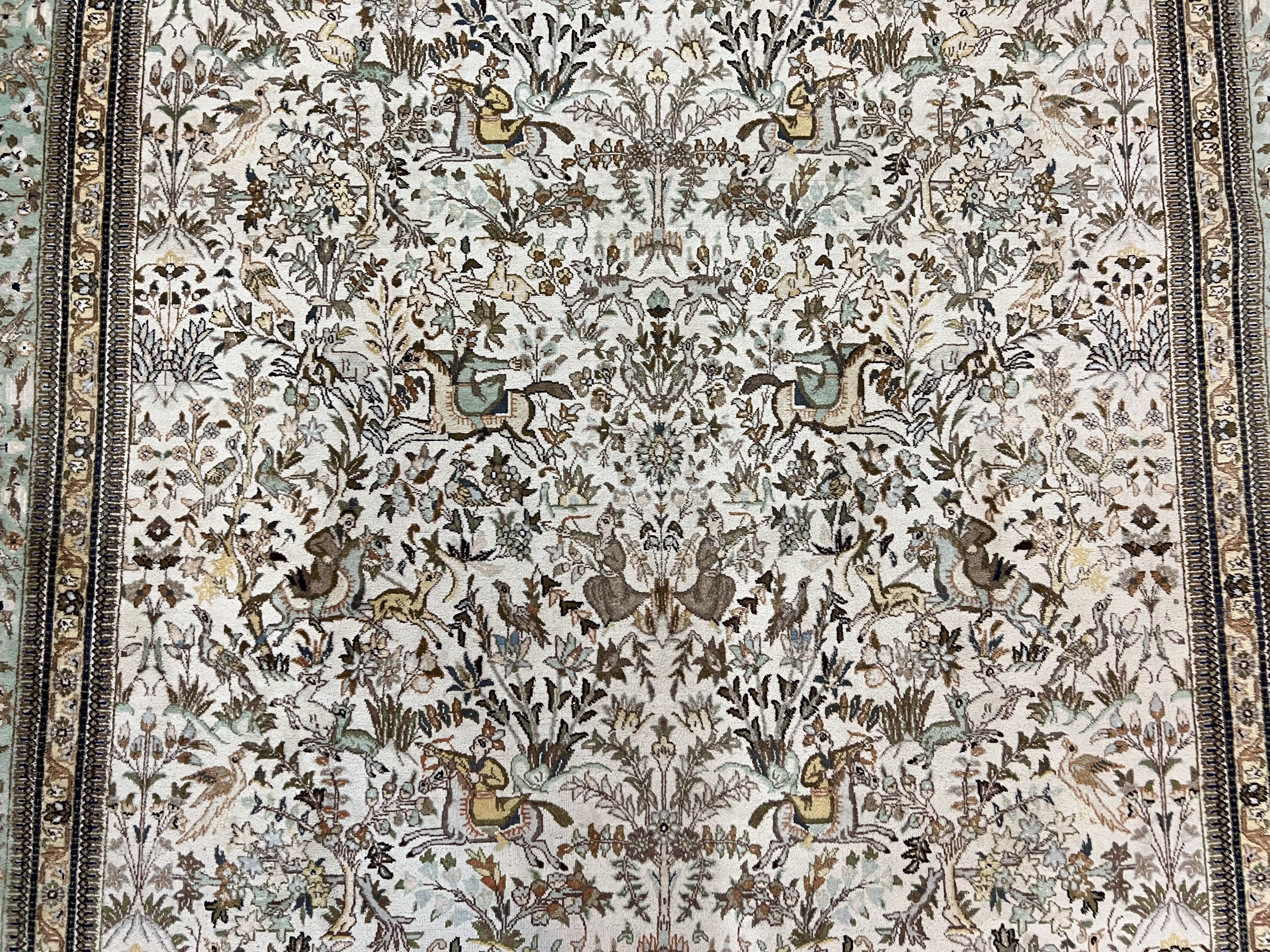 Wonderful Persian Tabriz Rug 10x16, Ivory and Light Green Oriental Carpet, Large Wool Handmade Rug 10 x 16, Floral, Hunting Scene Horsemen Animals - Jewel Rugs