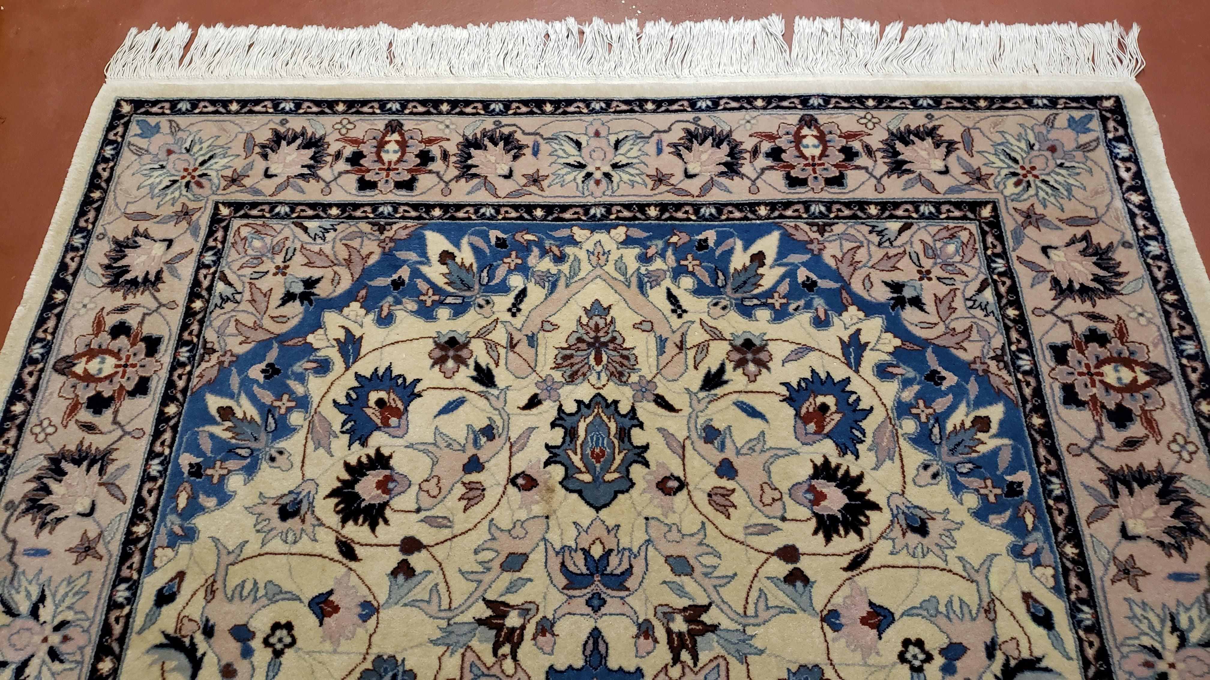 Sino Persian Rug 4x6, Ivory and Blue, Vintage Handmade Wool Oriental Carpet - Jewel Rugs