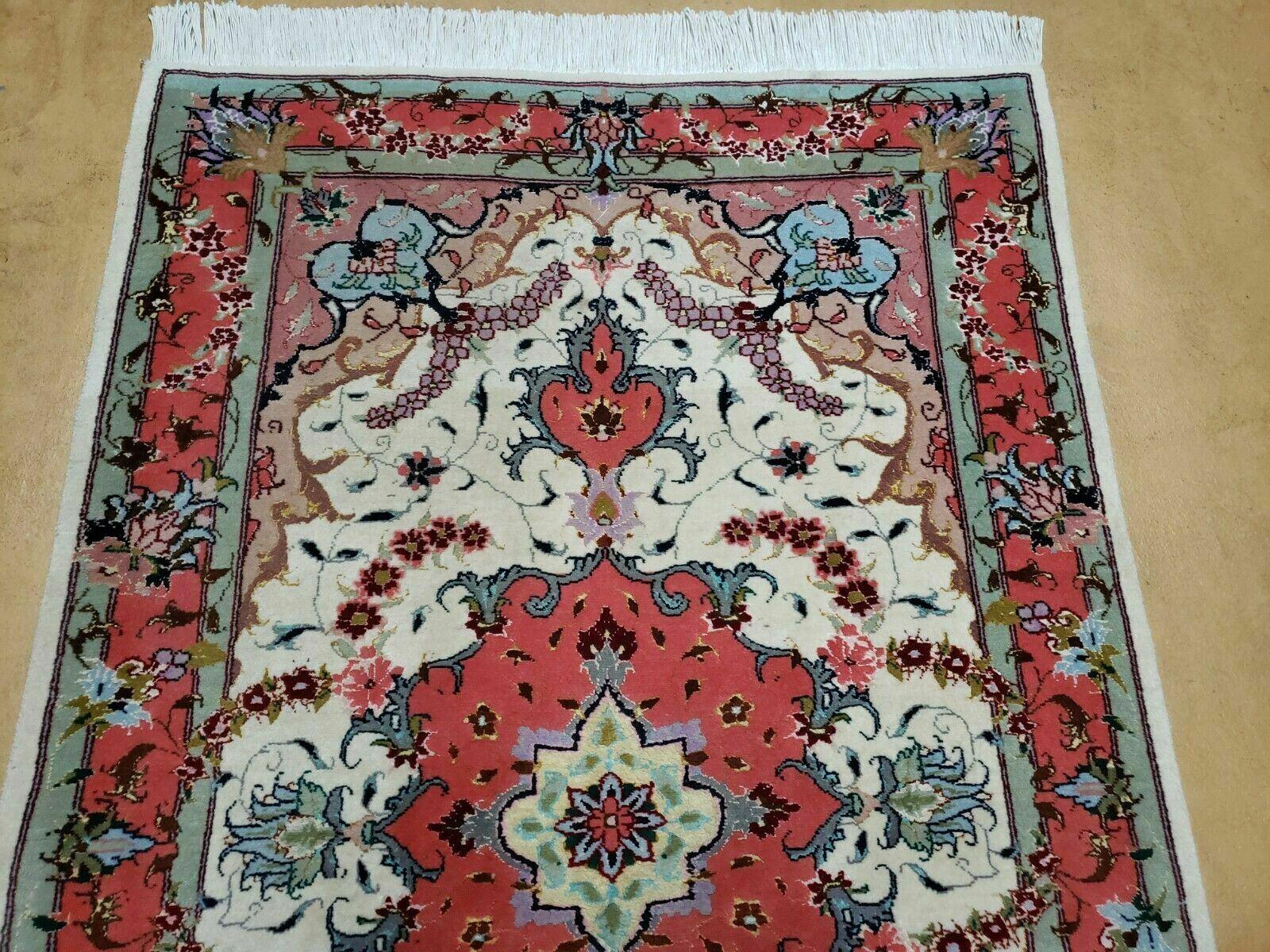 Small Vintage Persian Tabriz Wool and Silk Rug 2.5 x 4 ft, Very Finely Hand Knotted, Medallion, Ivory Salmon Light Blue, Top Quality, Pair B - Jewel Rugs