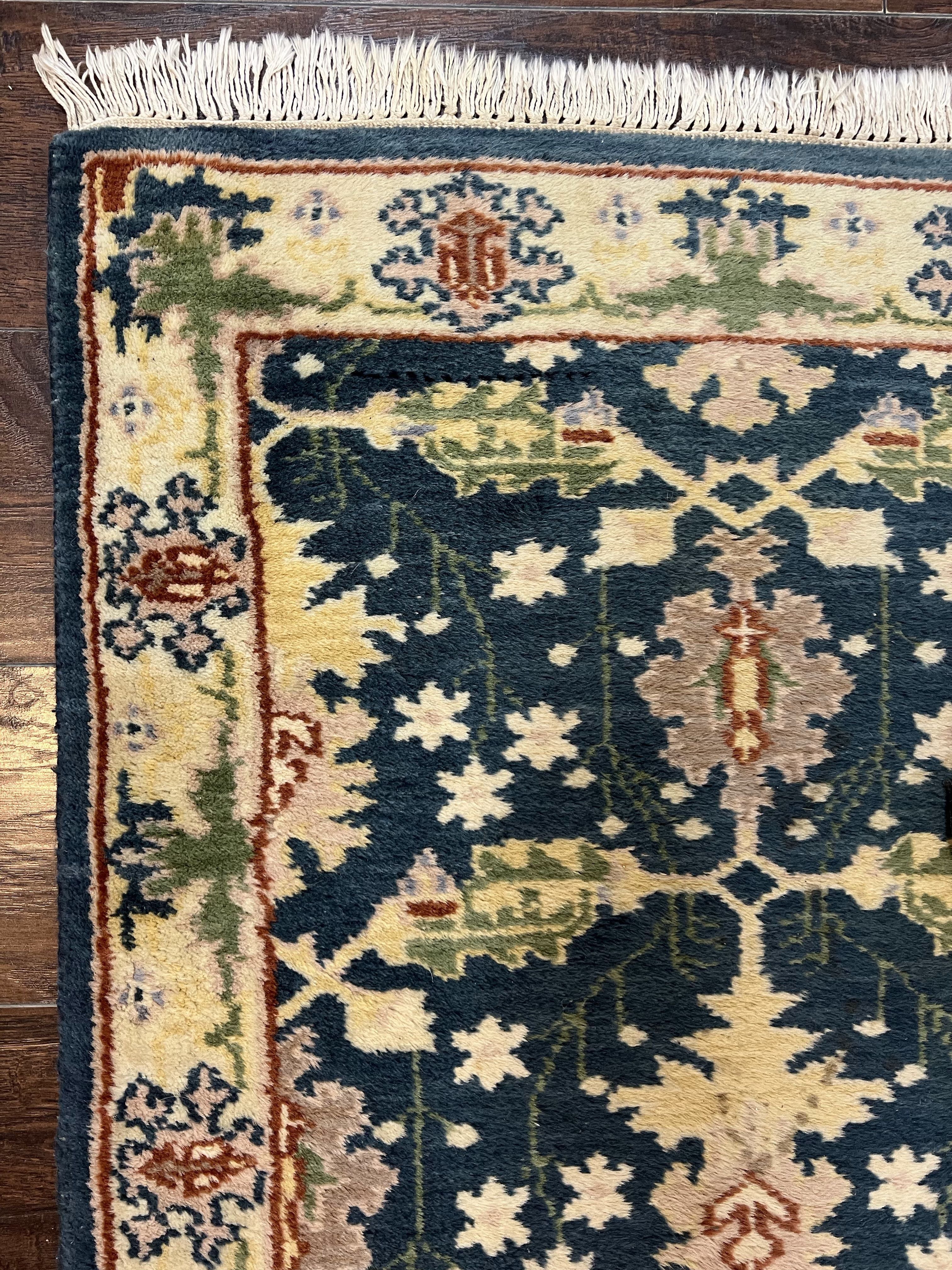 Indian Runner Rug 2.6 x 12, Navy Blue Beige Oriental Runner Rug 12ft Long, Narrow Hallway Runner, Wool Hand Knotted Indo Persian Mahal Rug - Jewel Rugs