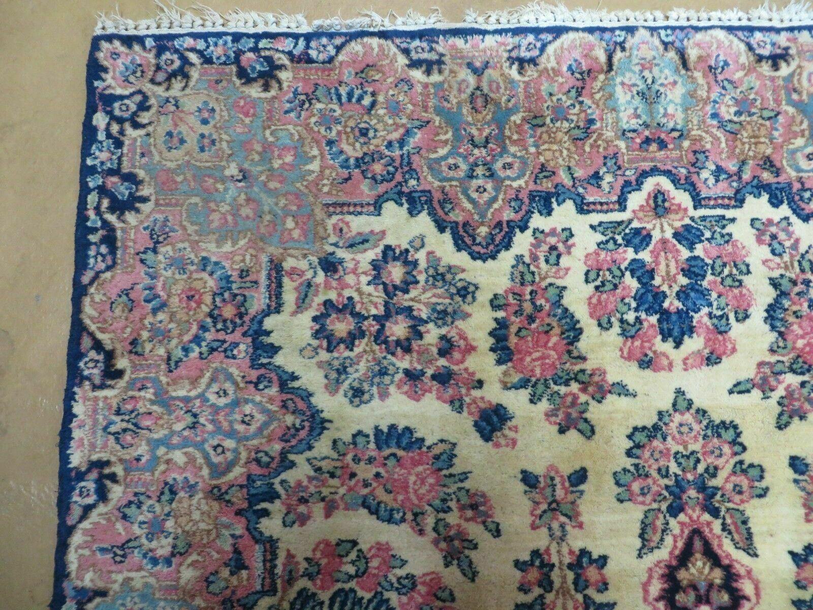 Antique Persian Kirman Rug 3.9 x 6.6, Floral Oriental Carpet, Ivory/Cream - Blue - Pink, Hand Knotted Wool Rug, Floral Medallion Rug 4x6 - Jewel Rugs