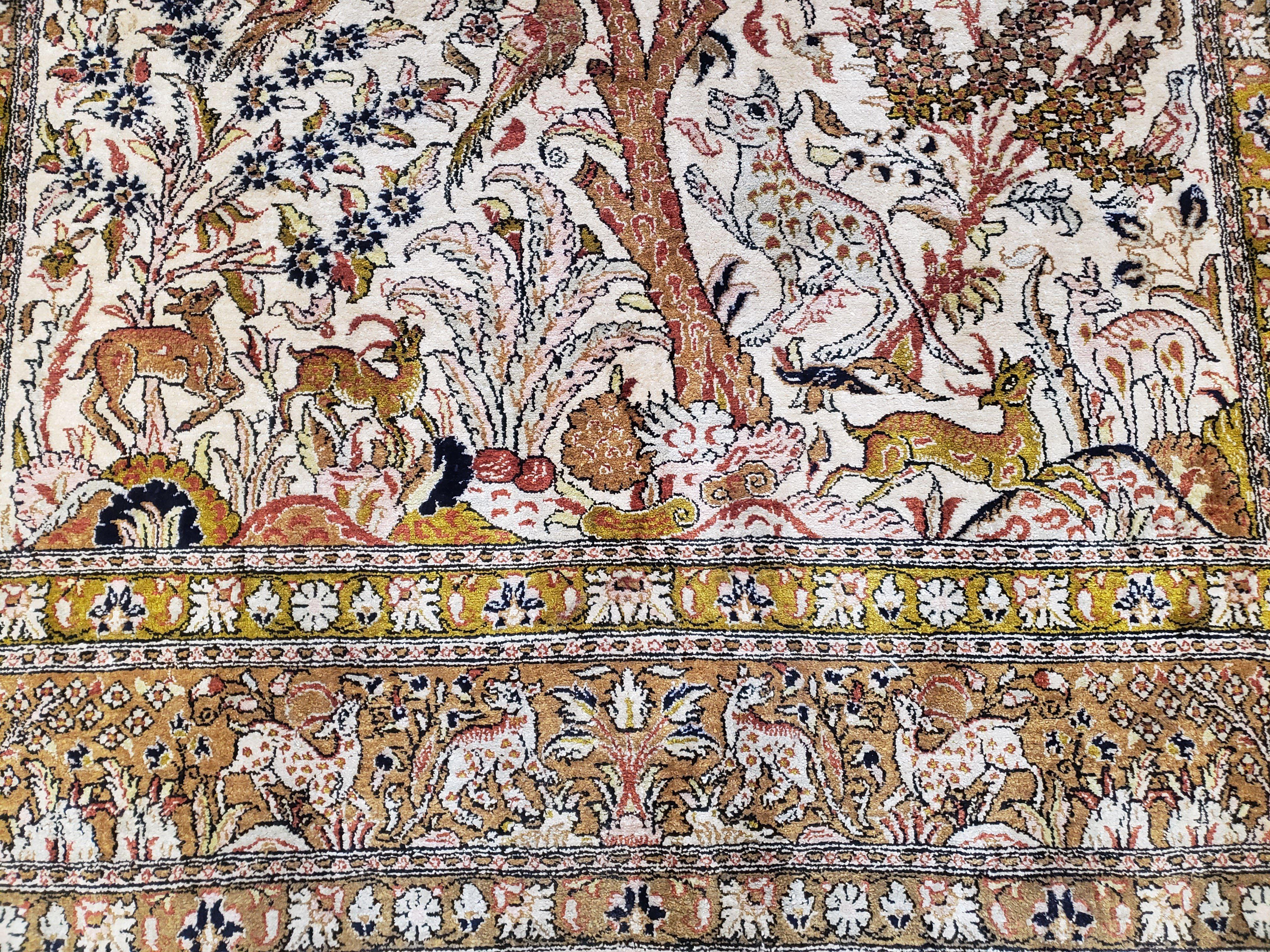 Persian Qum Silk Rug 5x7, Tree of Life Persian Silk Carpet with Animal Pictorials, Birds Deer, Hand Knotted 1950s Fine Rug Cream Gold - Jewel Rugs