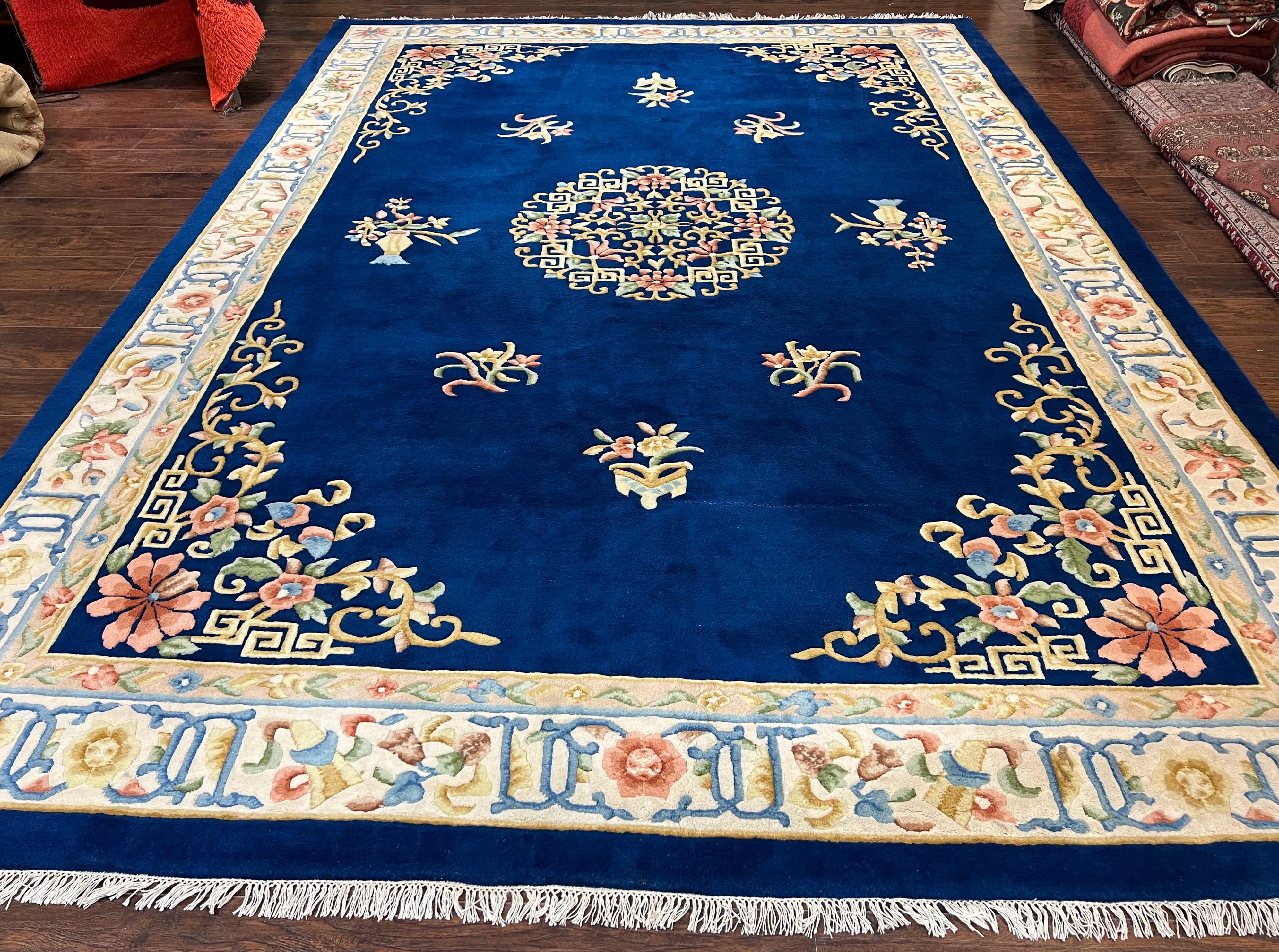 Indo Chinese Wool Rug 10x14, Navy Blue and Beige Hand Knotted Large Asian Oriental Carpet 10 x 14, Handmade Art Deco Vintage Floral Rug - Jewel Rugs