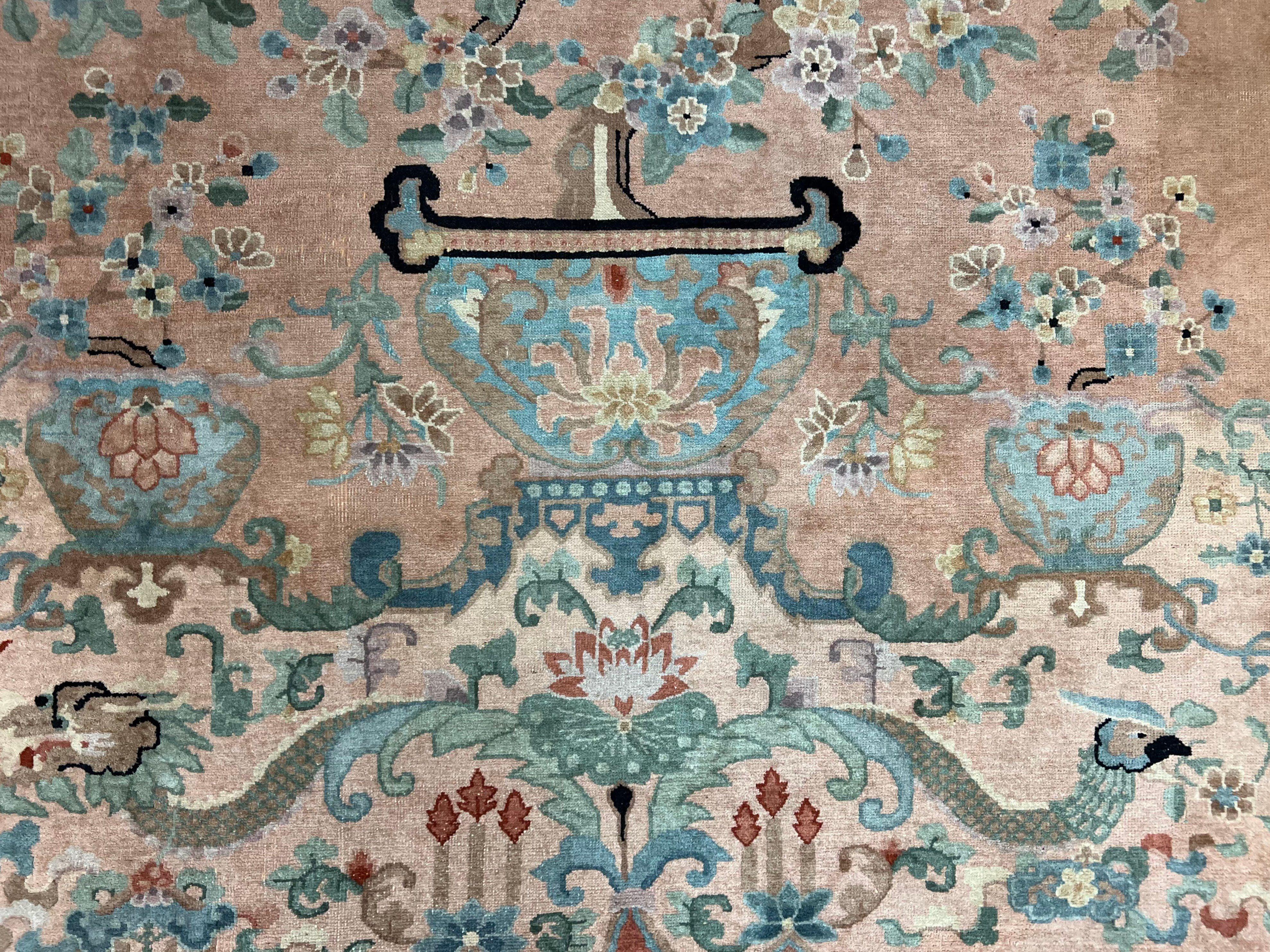Antique Chinese Wool Rug 9x12, Chinese Peking Fete Carpet 9 x 12 ft, Pink Black Cream Light Blue, Handmade Hand Knotted Asian Art Deco Rug - Jewel Rugs